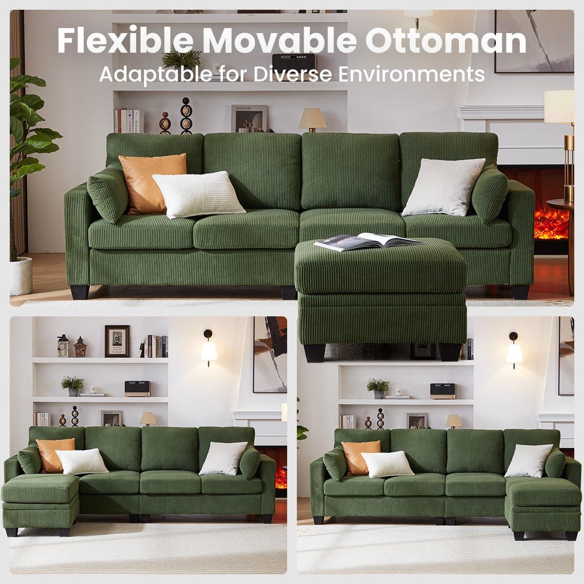 CHIC HOUSE Corduroy Modular Sectional Couch with Ottoman Chaise, L/U Shaped Sleeper Sofa for Living Room, Apartment, Lounge, Modern Armrest Neck Support Furniture (5 Seater Sectional, Green) - Image 6