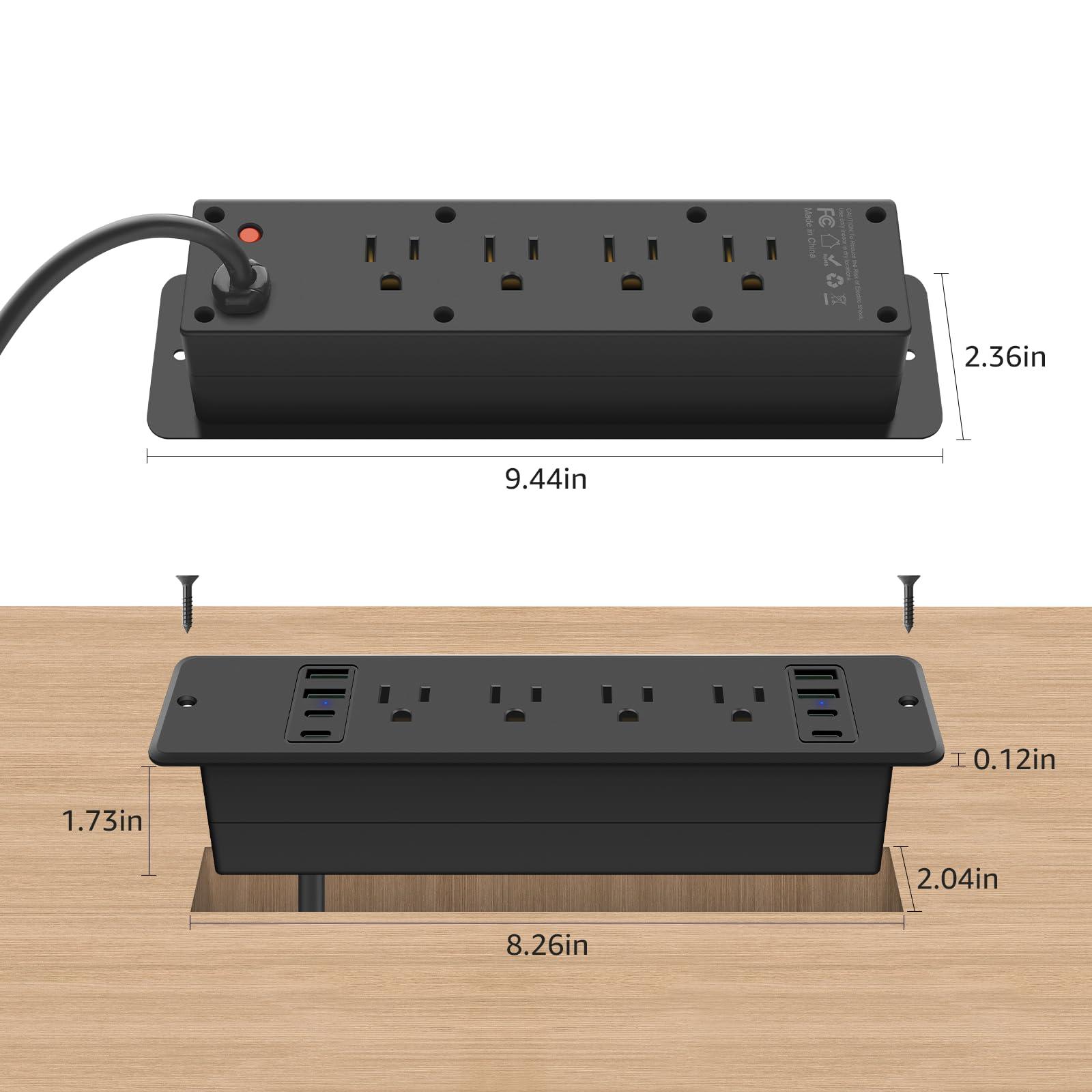 HHSOET 16 in 1 Recessed Power Strip Flat Plug, 45W Fast Charging Furniture Outlet with USB, Conference Recessed Surge Protection with 8 AC Plugs, 4 USB Ports 4 USB-C, 10ft Power Cord.(Black) - Image 5