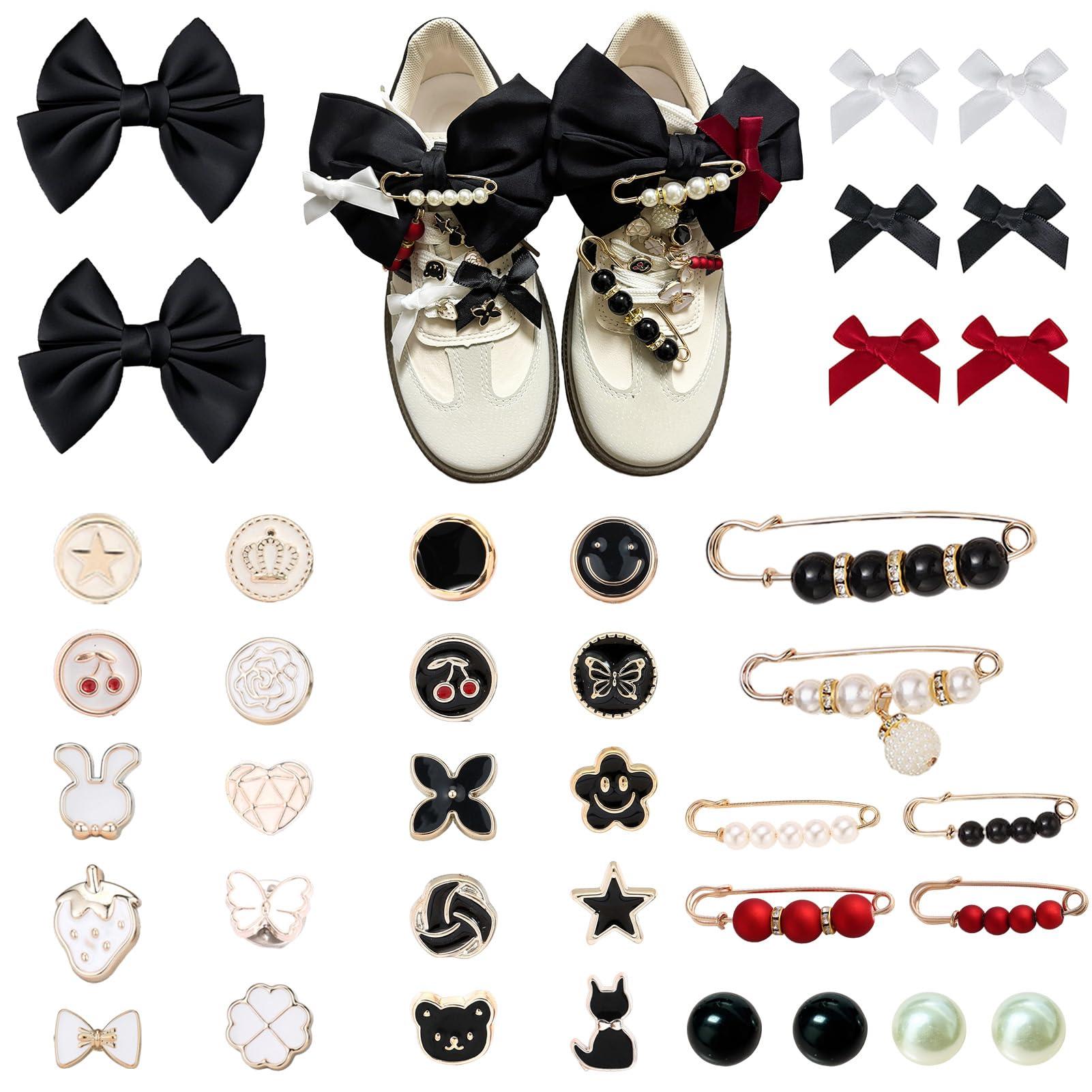 Lospfo 38 Pcs Shoe Charms for Sneakers Satin Bow Sneaker Charm for Shoe Lace with Bows/Jewelry/Pins/Clips Shoelace DIY Charms Decoration for Women (Black)