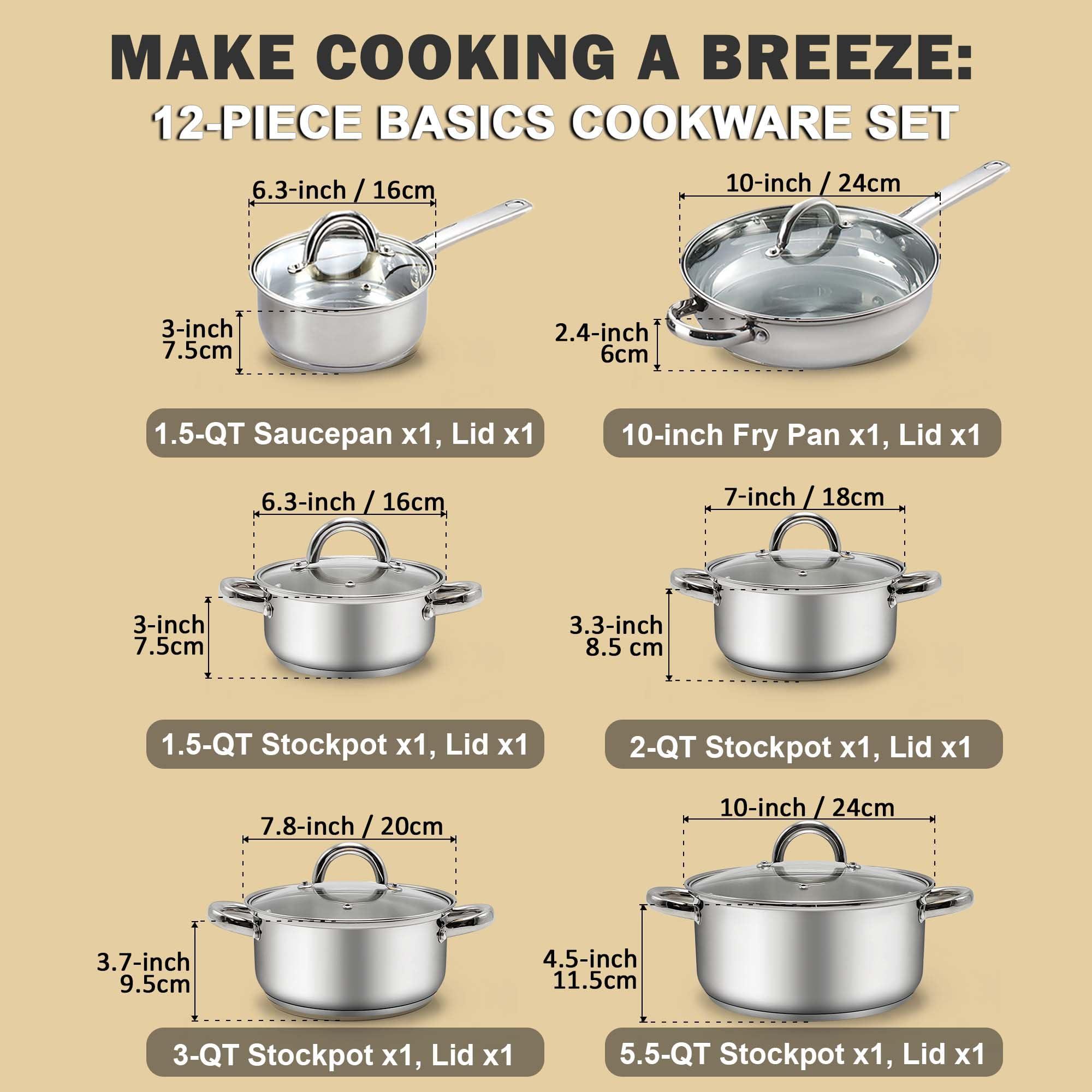 Cook N Home Kitchen Cookware Sets, 12-Piece Basic Stainless Steel Pots and Pans, Silver - Image 2