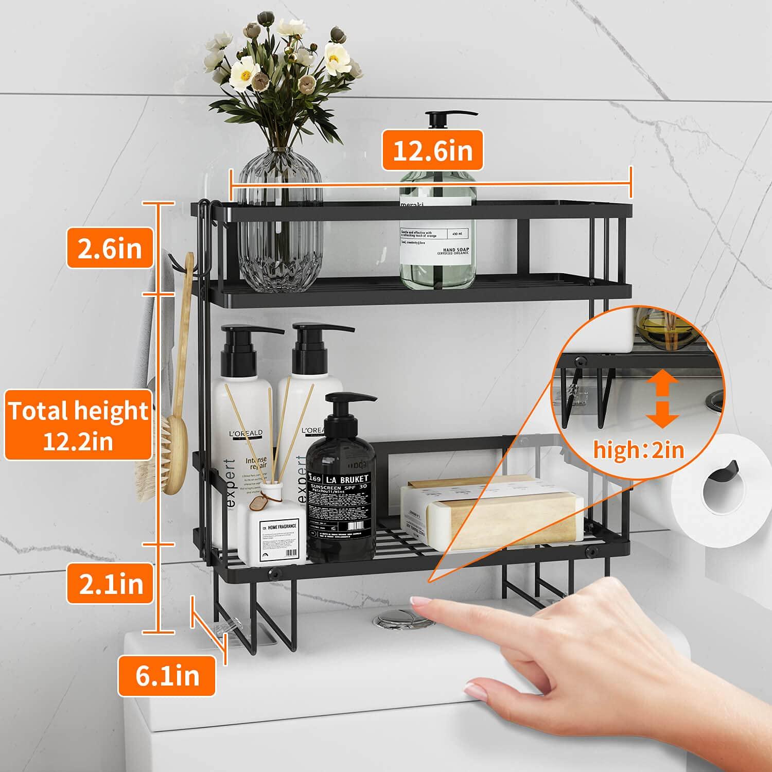 Godboat Bathroom Organizers, 2-Tier Over Toilet Storage, Floating Shelves with 2 Hooks & Paper Holder, Wall Mounted Shelf Furniture, Cool Accessories & Decor, Gifts for Women, Mothers Day (Black) - Image 3