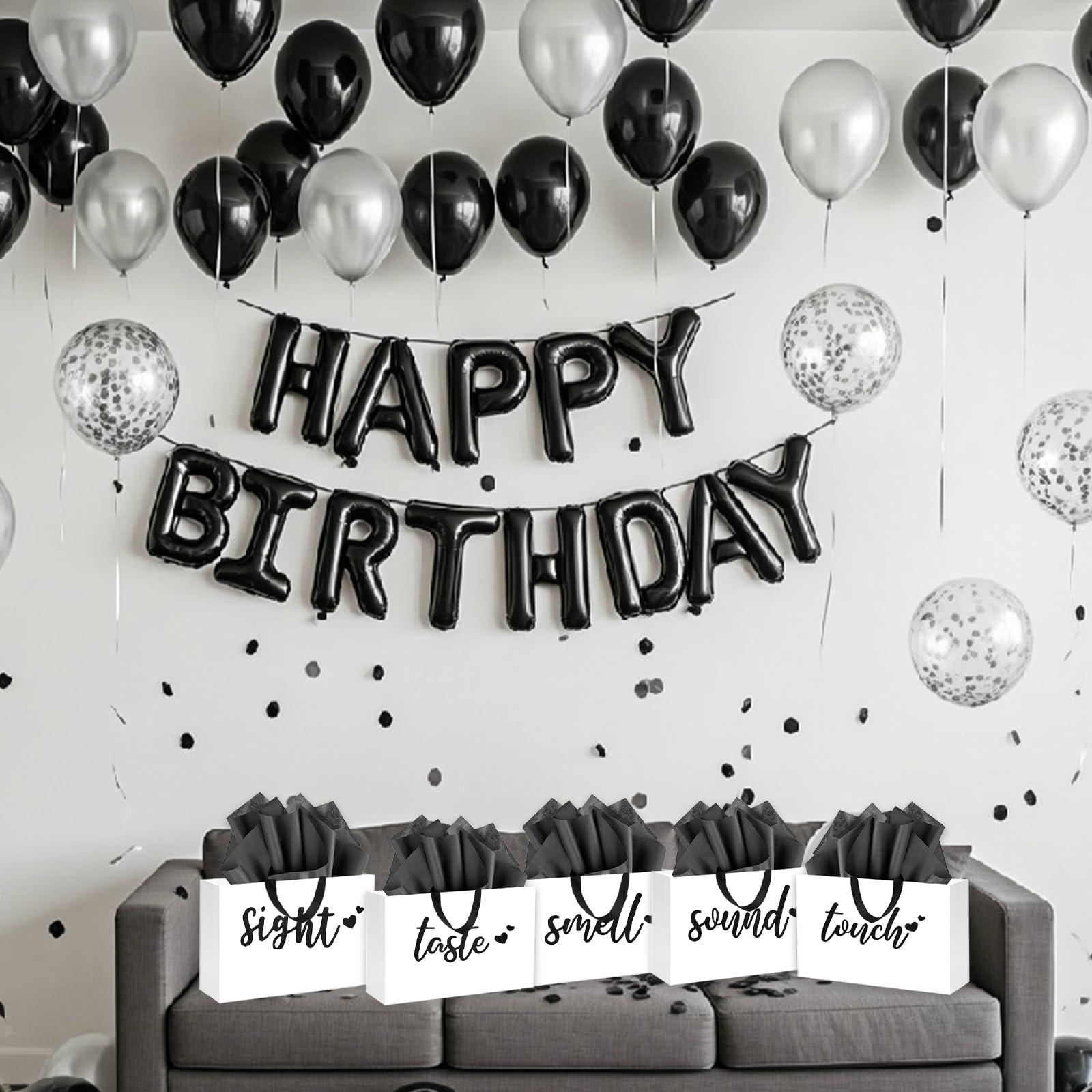 YIXAXKAO 5 Senses Gift Bags Five Senses Birthday Party Decorations with Tissue Paper, Rose Petals and Happy Birthday Banner Balloons Five Senses Gift for Him Husband Boyfriend (Black white) - Image 7
