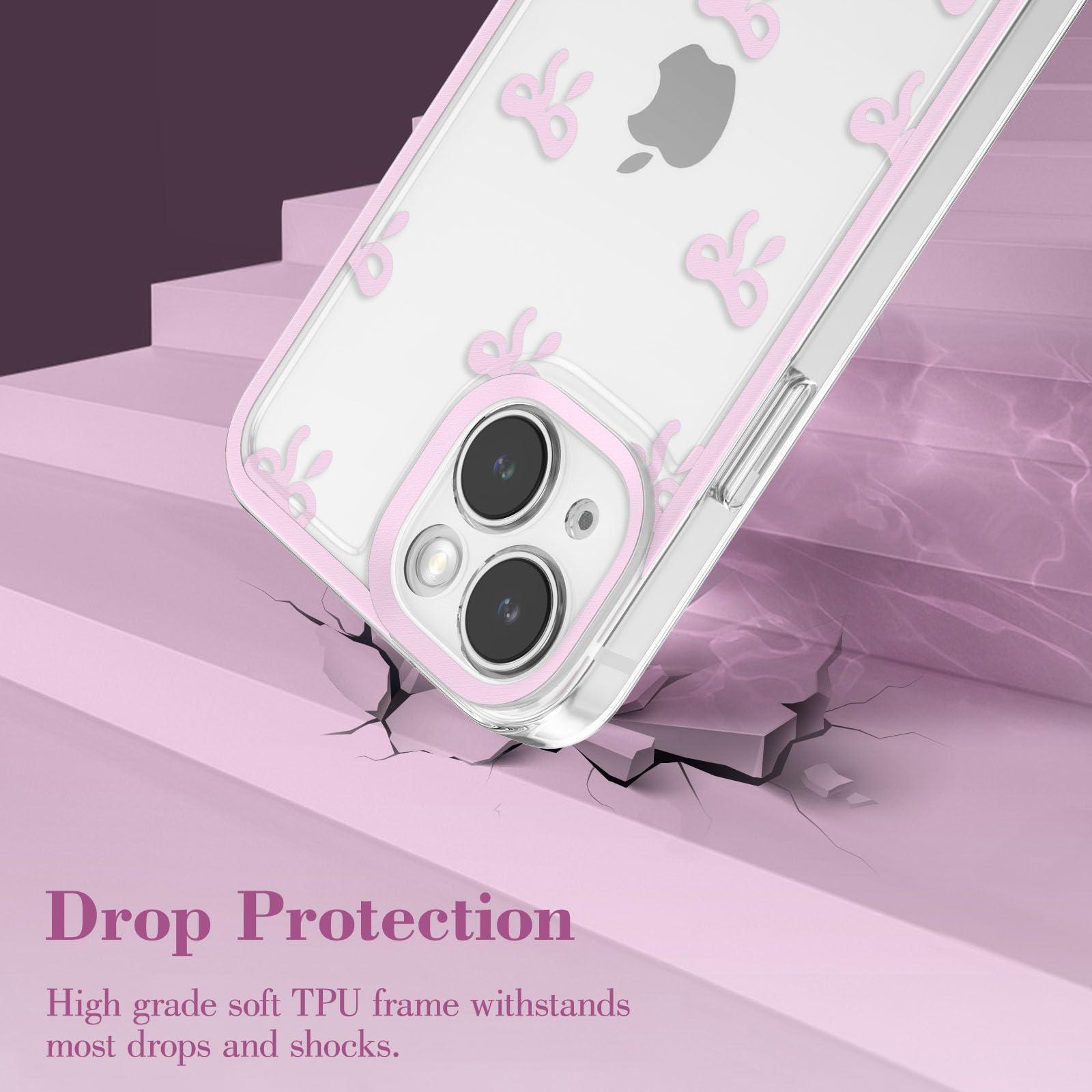 EYZUTAK Case for iPhone 13, Clear Cute Ribbon Bowknot Pattern Aesthetic Transparent Phone Case Raised Camera Protection Stylish Slim Soft Durable TPU Protective Cover for Women Girls - Pink - Image 3