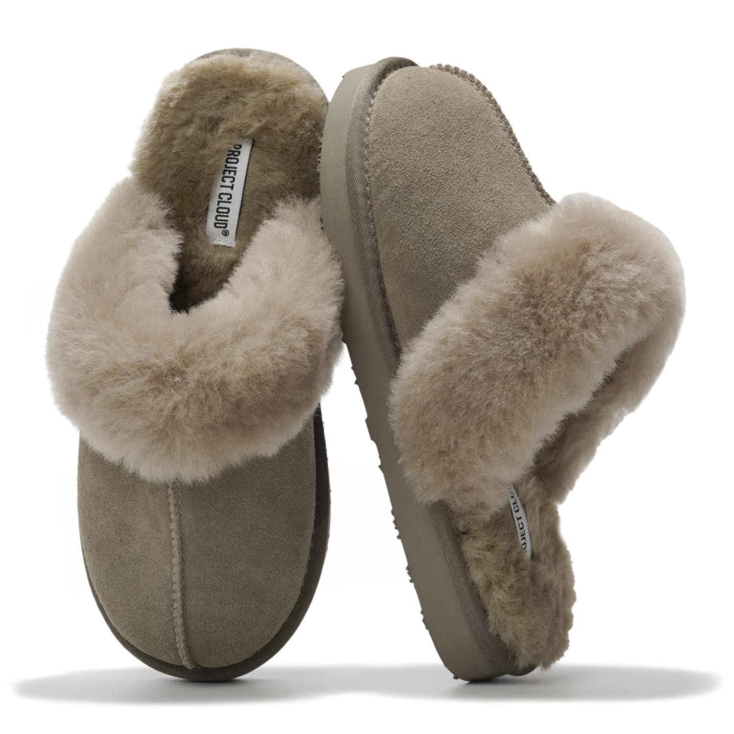Project Cloud Shearling Slippers for Women Footwear - Genuine Suede Clogs Non-Slip Indoor/Outdoor Scuff Womens Slippers with Memory Foam Insole (Henka)