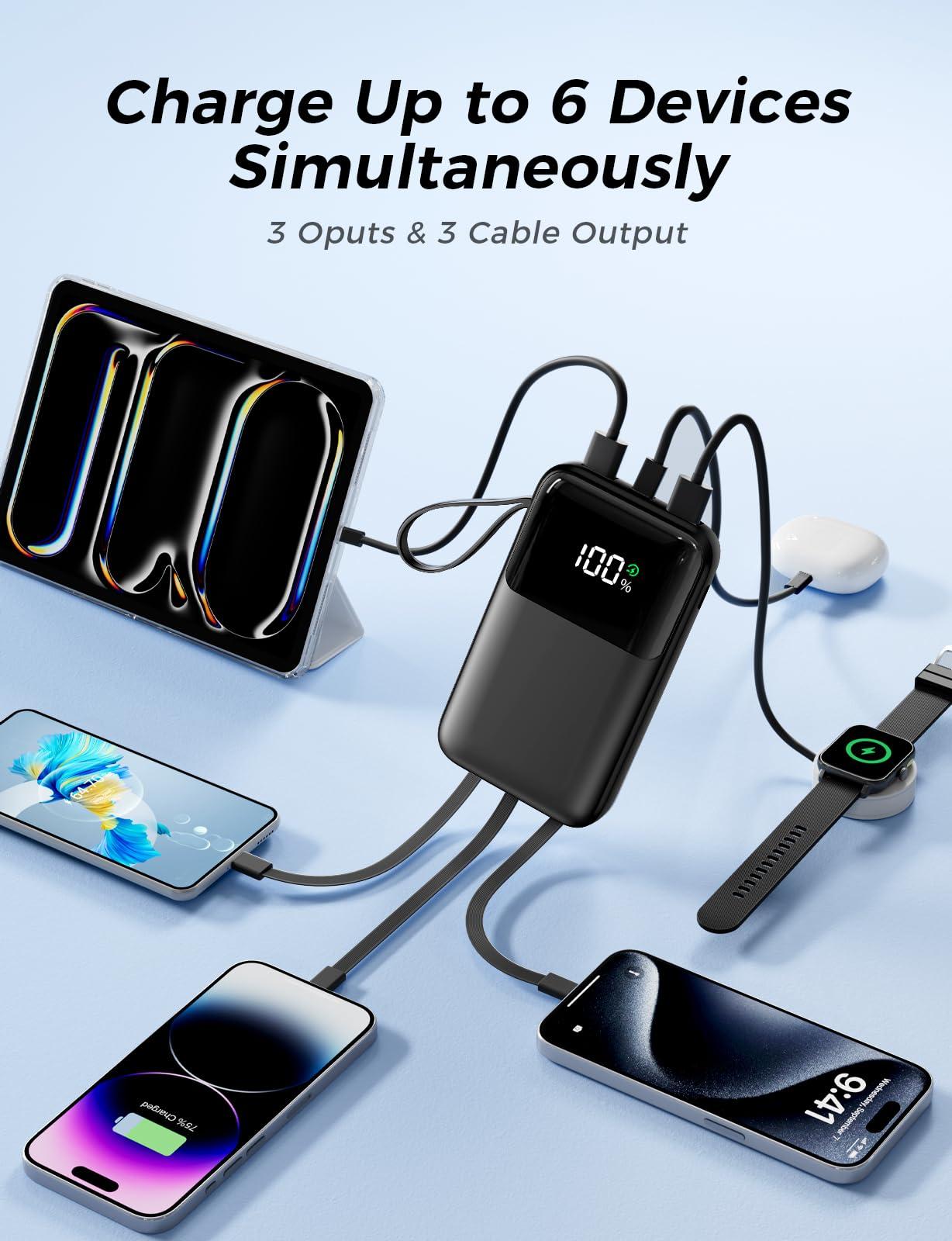 Portable Charger with Built in Cable, 15000mAh Power Bank, 22.5W Fast Charging, 6 Outputs, Slim Travel Essential Battery Pack with LED Display, Compatible with iPhone 16/15/14/13, Samsung, iPad, etc - Image 3