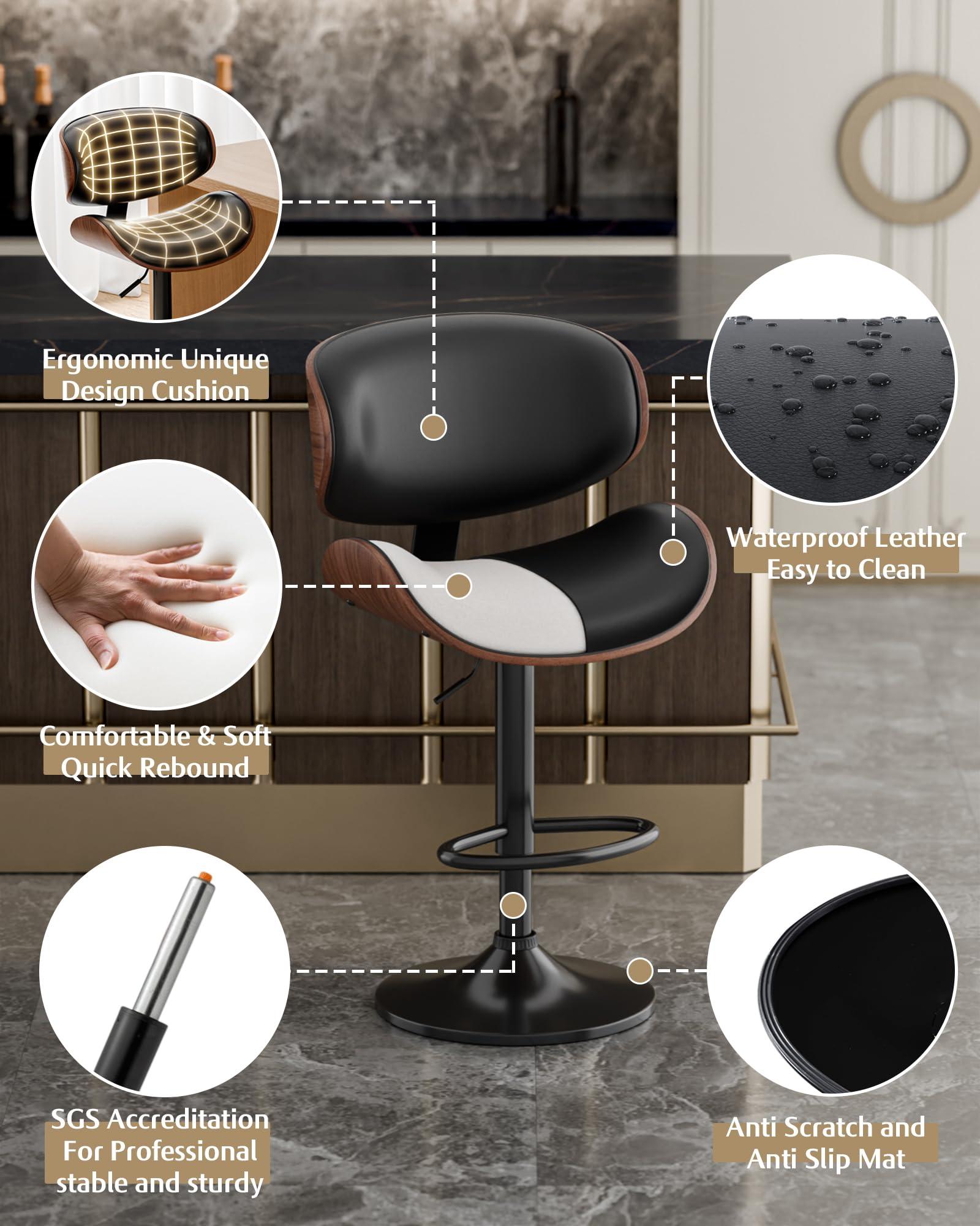 Aowos Bar Stools Set of 2, Adjustable Swivel Leather Bar Stools for Kitchen Island, Mid Century Modern Counter Height Bar Chairs Barstools with Back & Footrest (Black) - Image 5