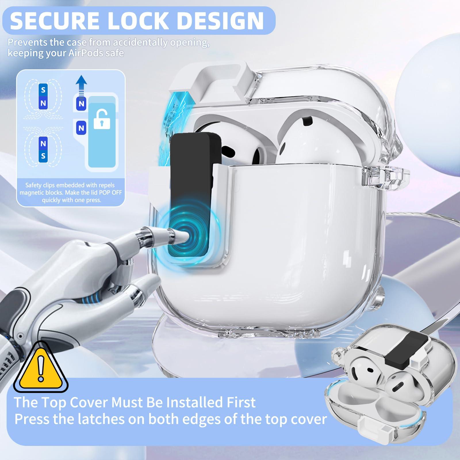 Safety Lock for Airpods 4 Case, Clear for Apple Airpod 4 Case 2024 USB-C, Compatible with MagSafe, for Airpod 4 Case Cover with Cleaner Kit for Women, Auto Pop-Up Lid with Lanyard and Keychain, Black - Image 3