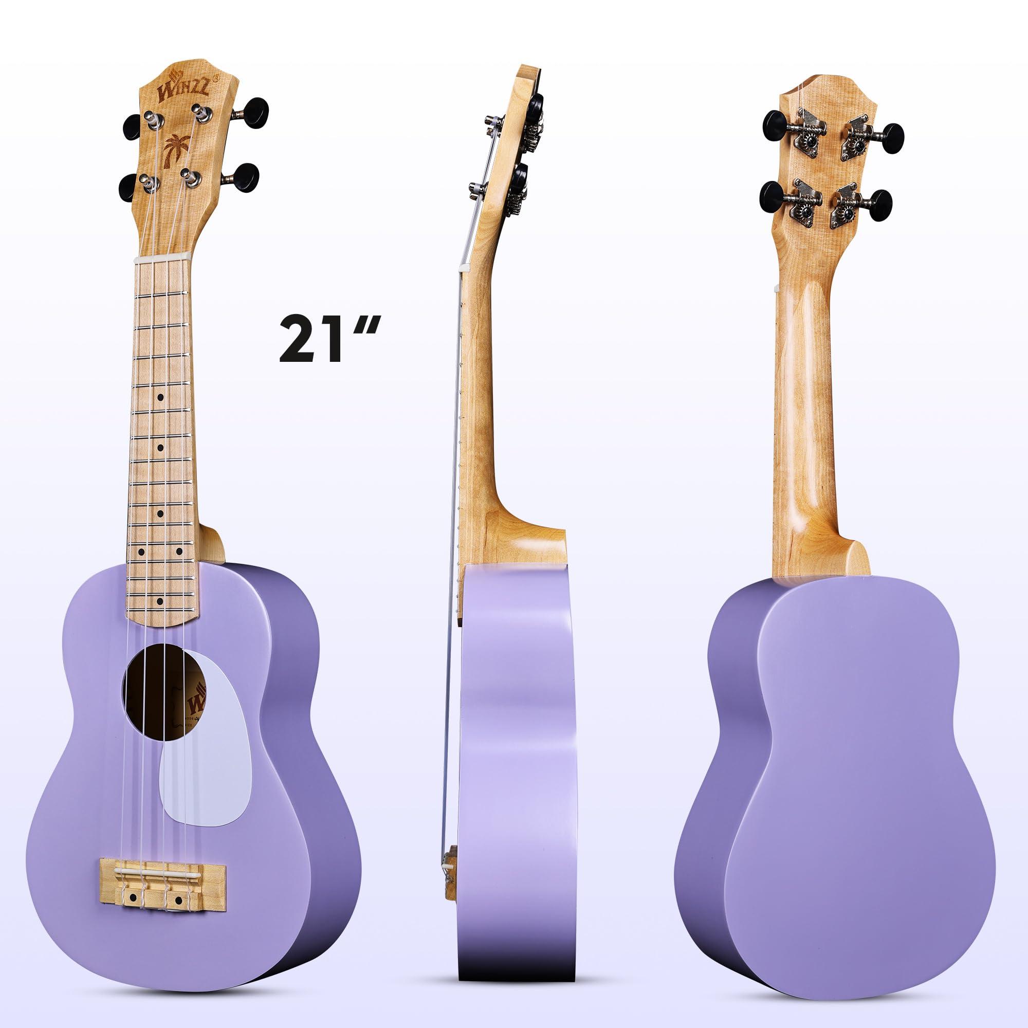 WINZZ Soprano Ukulele for Beginners, 21 Inch Hawaiian Wood Ukelele Kit for Kids Adult Student Starter, Professional Uke Pack Bundle w/Free Lessons, Case, Pickguard, Capo, Strap, Picks, Purple - Image 2