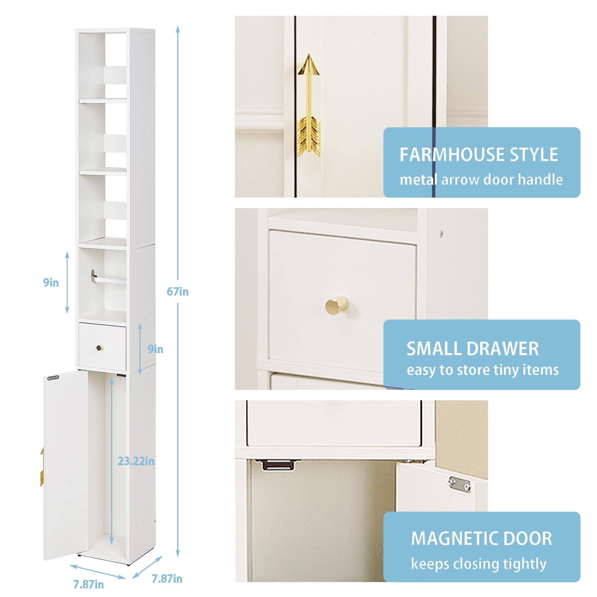 VECELO Tall Bathroom Cabinet with 3 Adjustable Shelves, Slim Storage Cabinet with Toilet Paper Holder & Drawer,Narrow Cabinet with Farmhouse Door & Arrow Handle, Pearl White - Image 2
