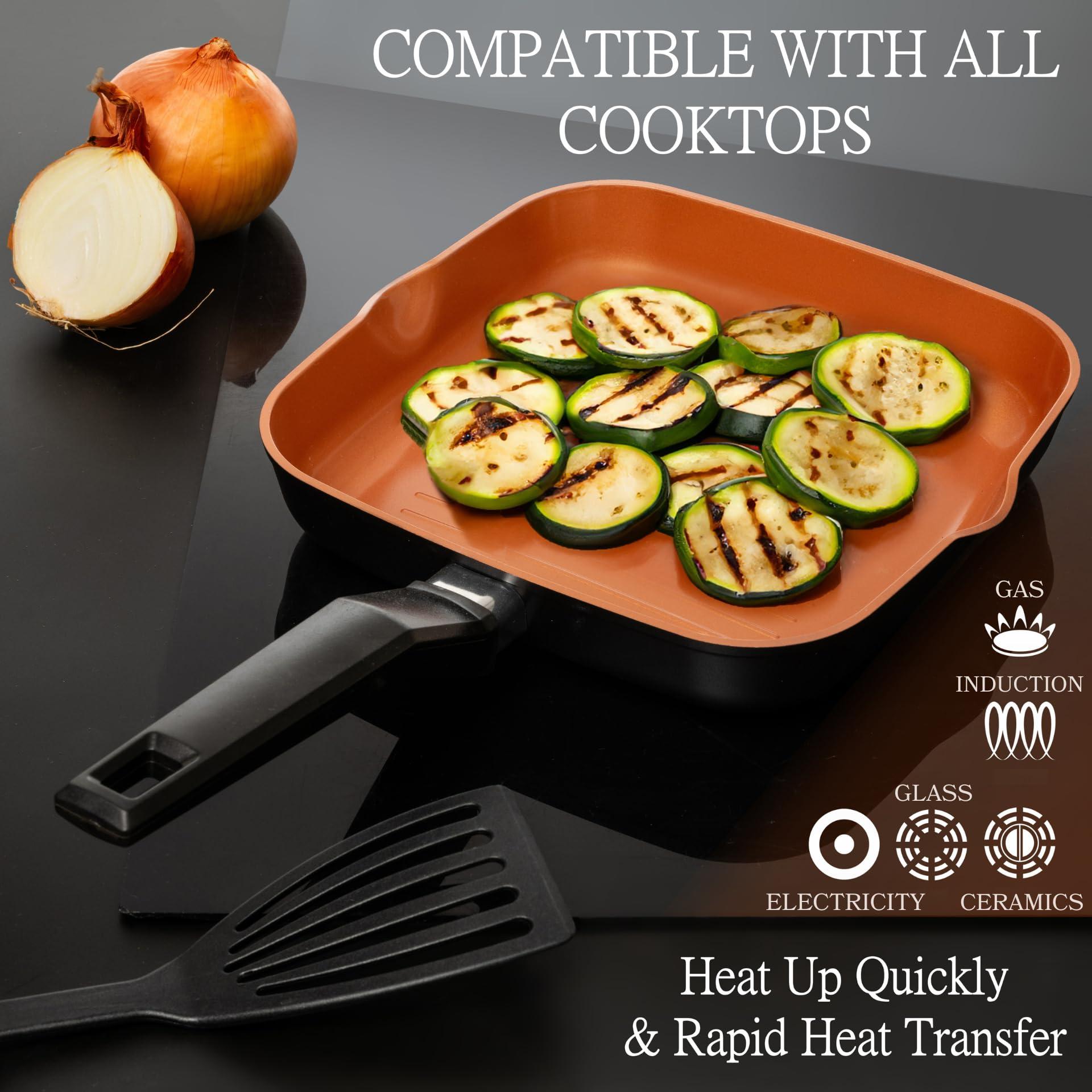 Moss & Stone Square Grill Pan For Indoor Cooking, 9.5In Frying Pan Copper Non-Stick Saute Fry Pan, Induction Copper Pan for Meats & Vegetables, Aluminum Griddle Nonstick Stove Top Grill Pan - Image 5