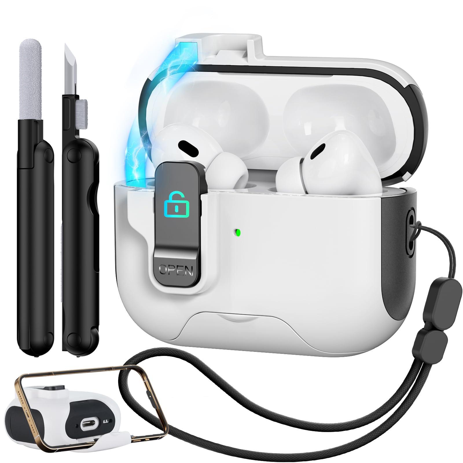MCTOPZO for AirPods Pro 2nd/1st Generation Case with Secure Lock,Shockproof Hard Protective Cover for AirPods Pro 2 Case with Phone Holder,Airpod Pro Cases (2023/2022/2019) with Cleaner Kit-White