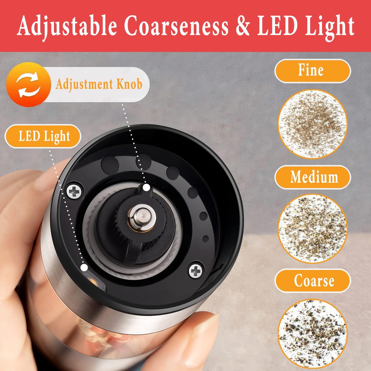 Rechargeable Electric Salt and Pepper Grinder Set with Holder - Nicely Packaged Giftable - No Battery Needed - Automatic Pepper Mill & Adjustable Coarseness & LED Light Refillable - Stainless Steel - Image 6