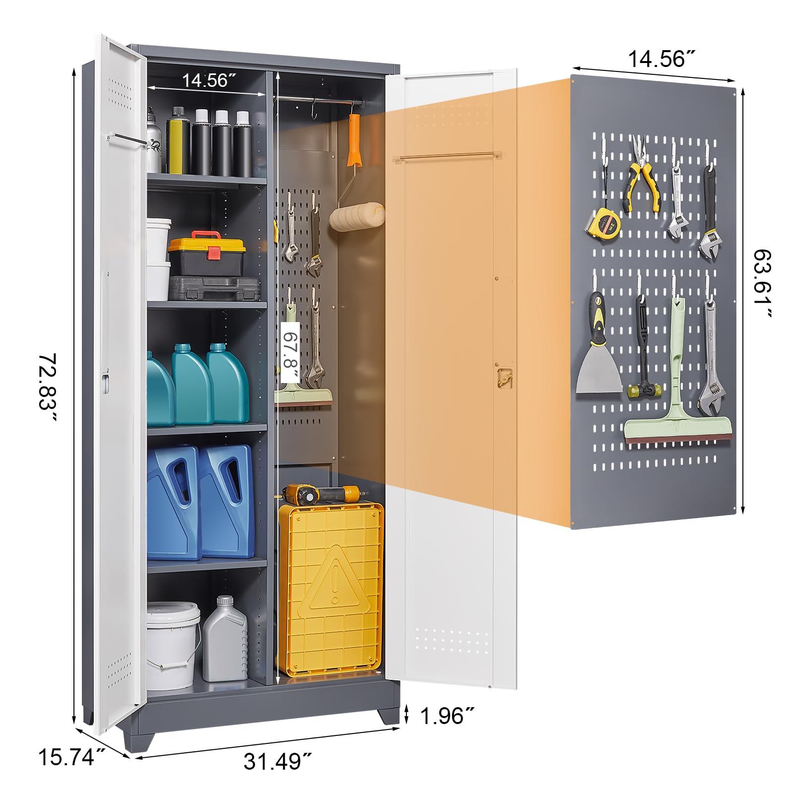 GREATMEET 72.8" H Utility Closet, Broom Closet Storage Cabinet with Adjustable Shelves and Pegboard, Utility Cabinet for Brooms and Mops, Grey-White - Image 3