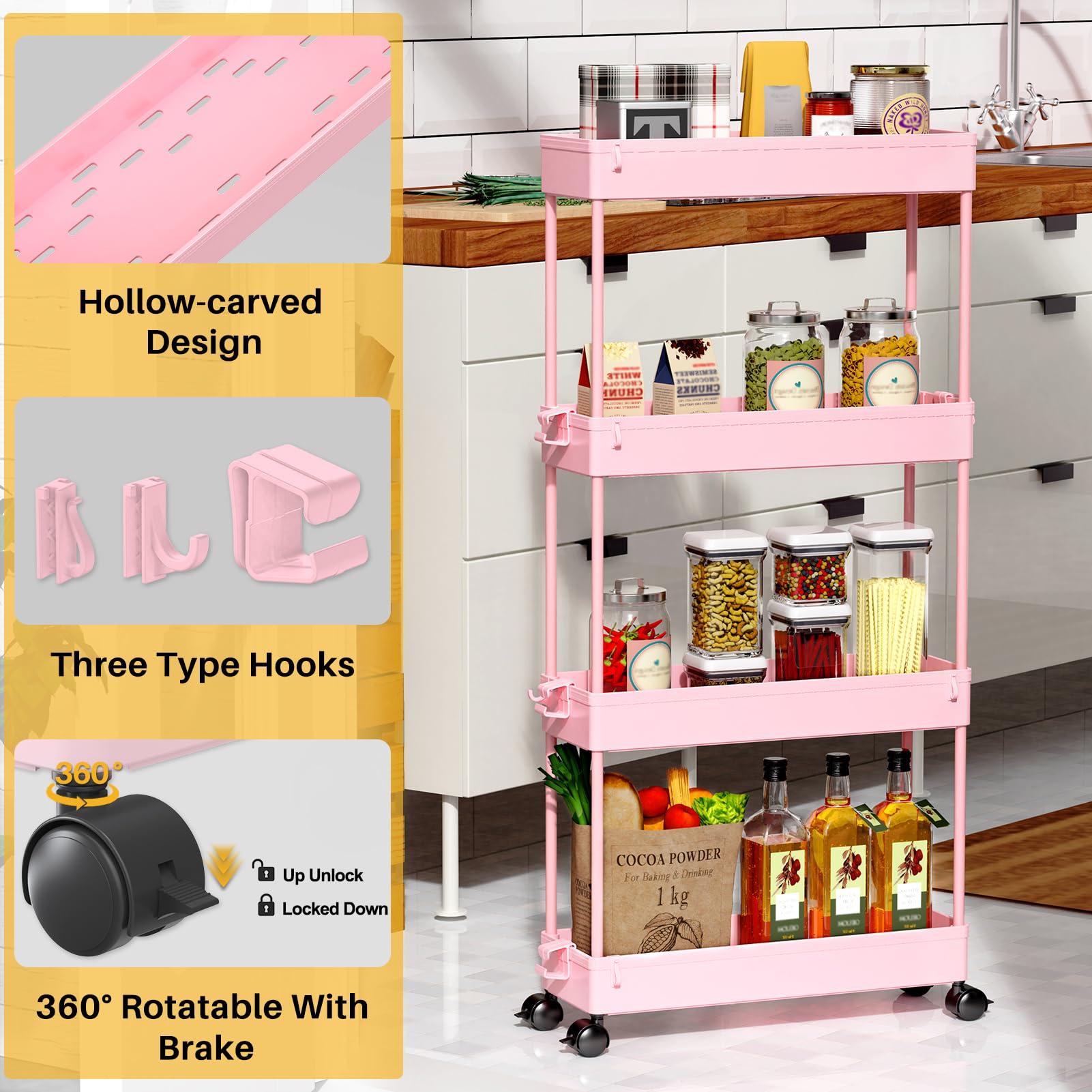 SPACEKEEPER Slim Rolling Storage Cart 4 Tier Bathroom Organizer Utility Cart Mobile Shelving Unit Tower Rack for Kitchen, Laundry Room, Bathroom, Narrow Places, Pink - Image 7