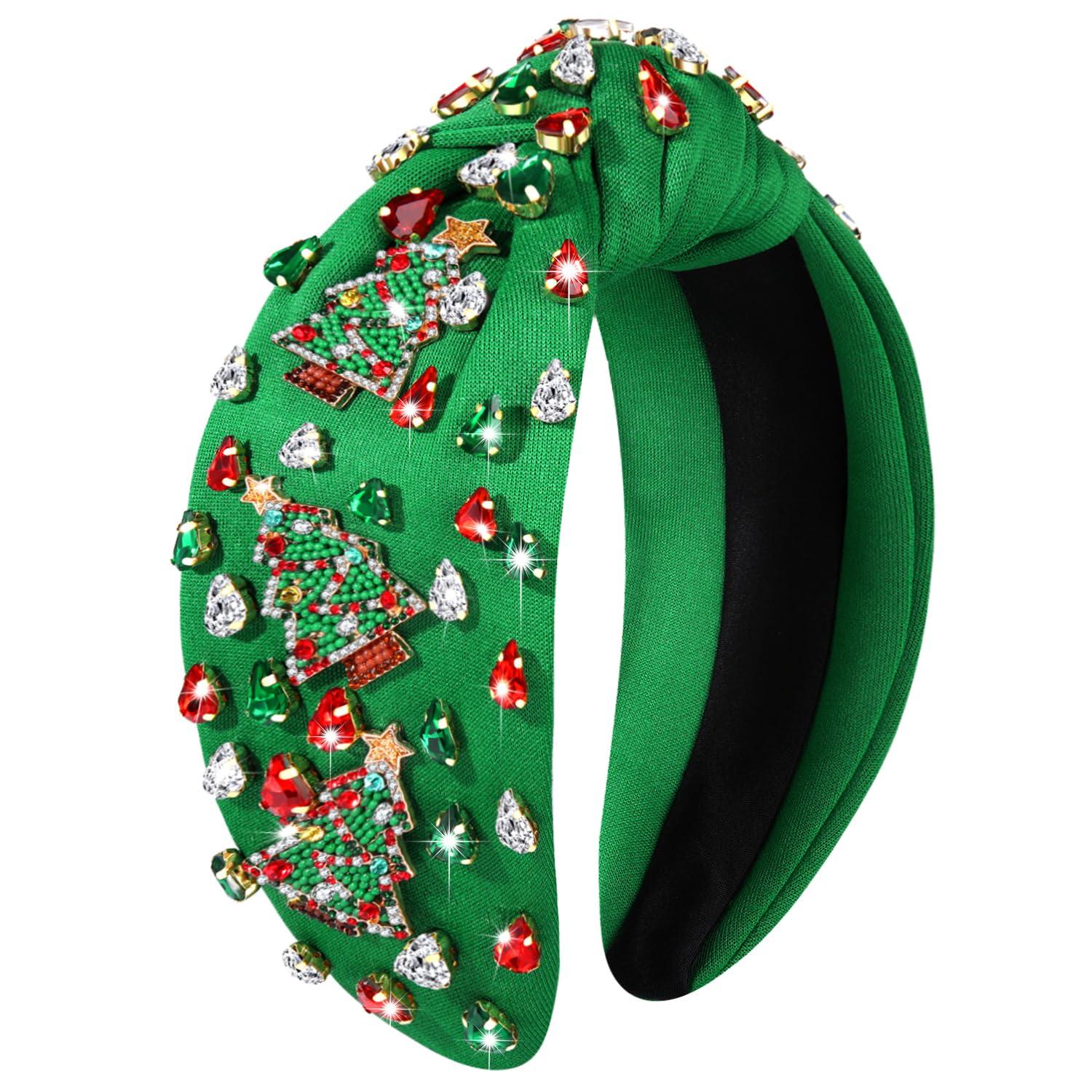 YAHPERN Christmas Headband for Women Christmas Accessories Xmas Bow Tree Snowflake Knotted Headbands Crystal Top Knot Headband