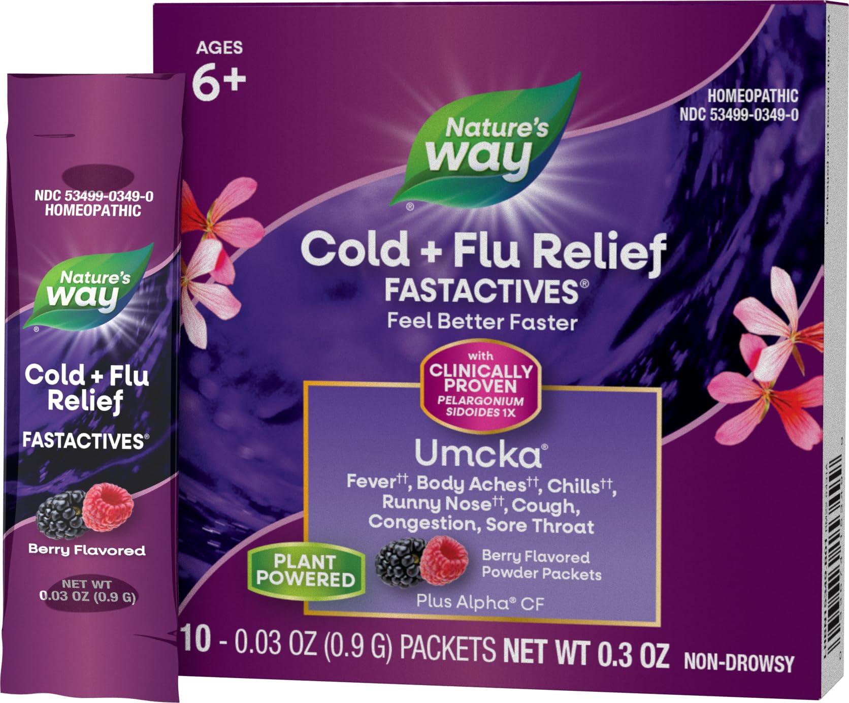 Nature's Way Cold + Flu Relief FastActives, Umcka, Homeopathic, Fever*, Sore Throat, Cough, Congestion, Body Aches*, Phenylephrine Free, Non-Drowsy, Berry Flavored, 10 Packets (Packaging May Vary)