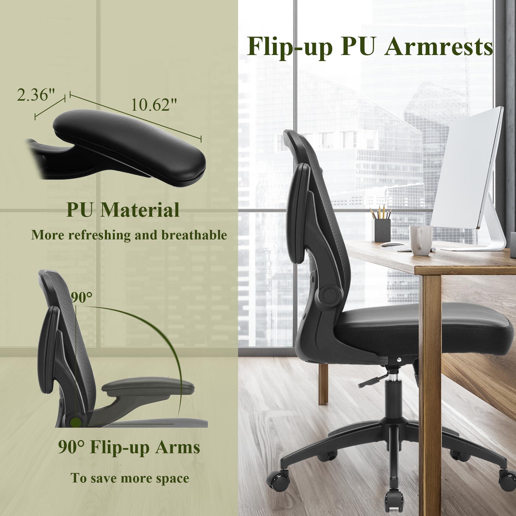 TOPBSHODC Ergonomic Office Chair 350lbs PU Leather Mesh Desk Chair with Lumbar Support, Flip-Up Arms, Swivel Wheels, Adjustable Height, Rolling Executive Computer Task Chair for Home Office,Black - Image 10