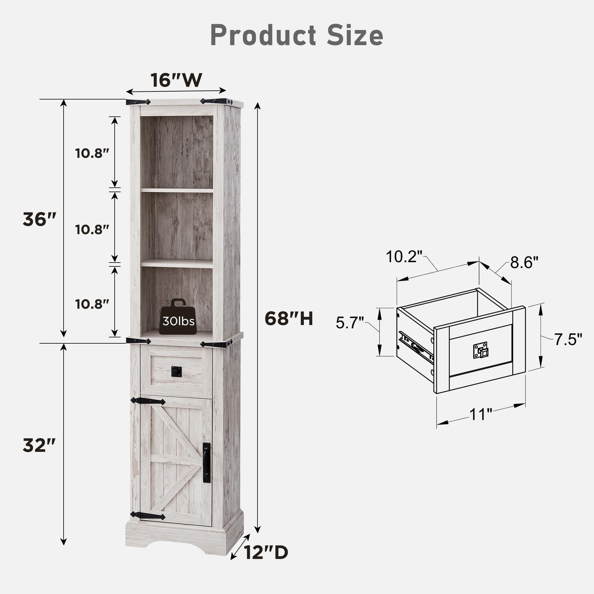 RedLemon Farmhouse Slim Bathroom Storage Cabinet, 68" Tall Storage Cabinet with Drawer & Adjustable Shelves, Rustic Narrow Storage Cabinet for Living Room, Bathroom, Kitchen, Antique Brush White - Image 2