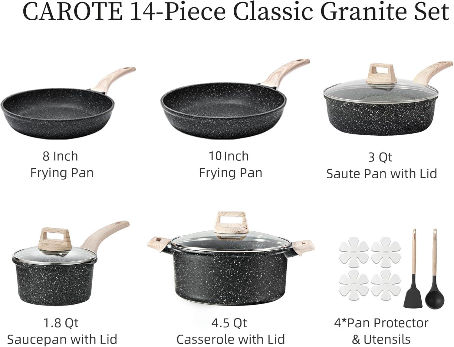 CAROTE 14Pcs Pots and Pans Set Non Stick, Cookware Sets Induction Cookware Granite Cooking Set with Frying Pans, Saucepans, Saute Pan, Extra Large Casserole - Image 2