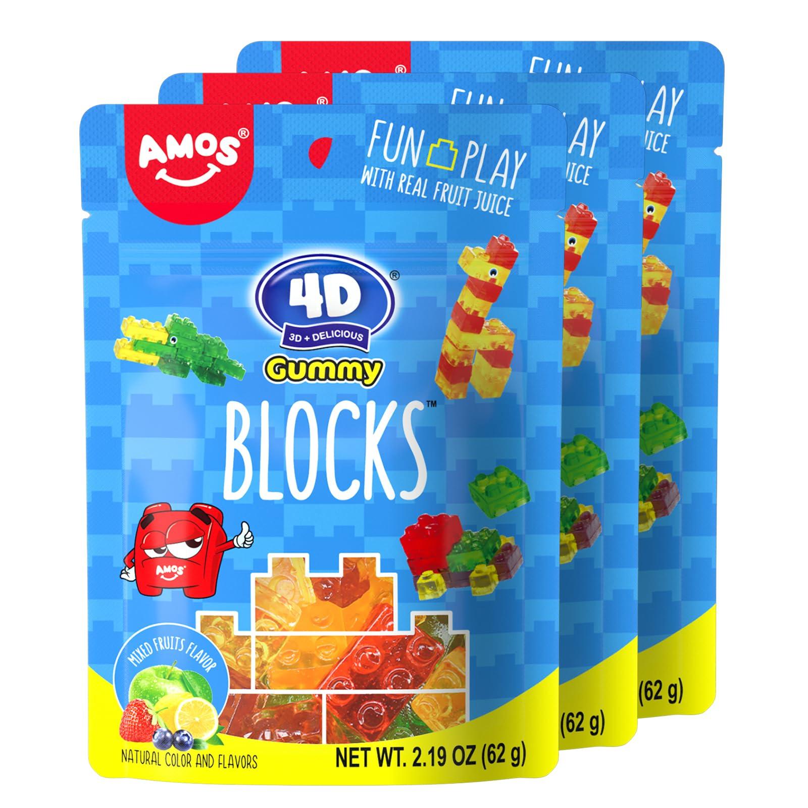 AMOS 4D Gummy Blocks Candy Bricks, Edible Building Blocks, Themed Novelty Candy for Kids Birthday Party, Cupcake Topper, Resealable 2.19oz Bag (Pack of 3) - Image 6