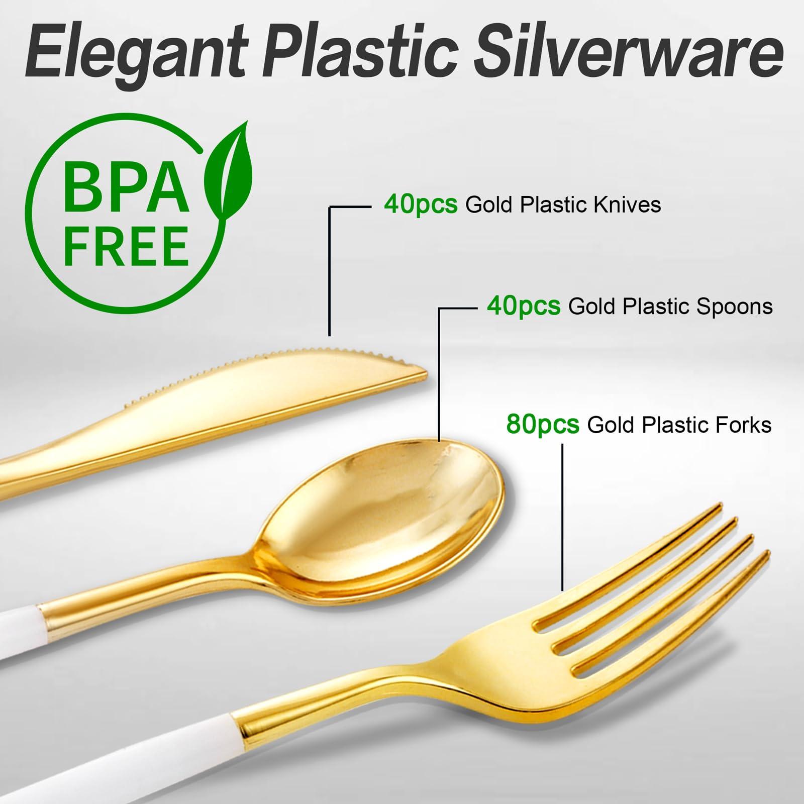 SUT Gold Plastic Silverware, 160Pcs Gold Utensils Set Disposable, 80 Gold Plastic Forks, 40 Gold Knives, 40 Gold Spoons, Gold Plastic Cutlery for Parties, Dinners, Weddings(White Gold) - Image 5