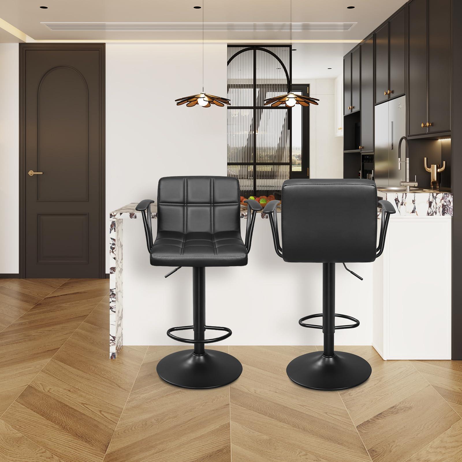 ERGOSEAT Bar Stools Set of 2, Armrest Adjustable Swivel Barstools with Back, Double Needle PU Leather Counter Height Chairs for Kitchen lsland (Black) - Image 2