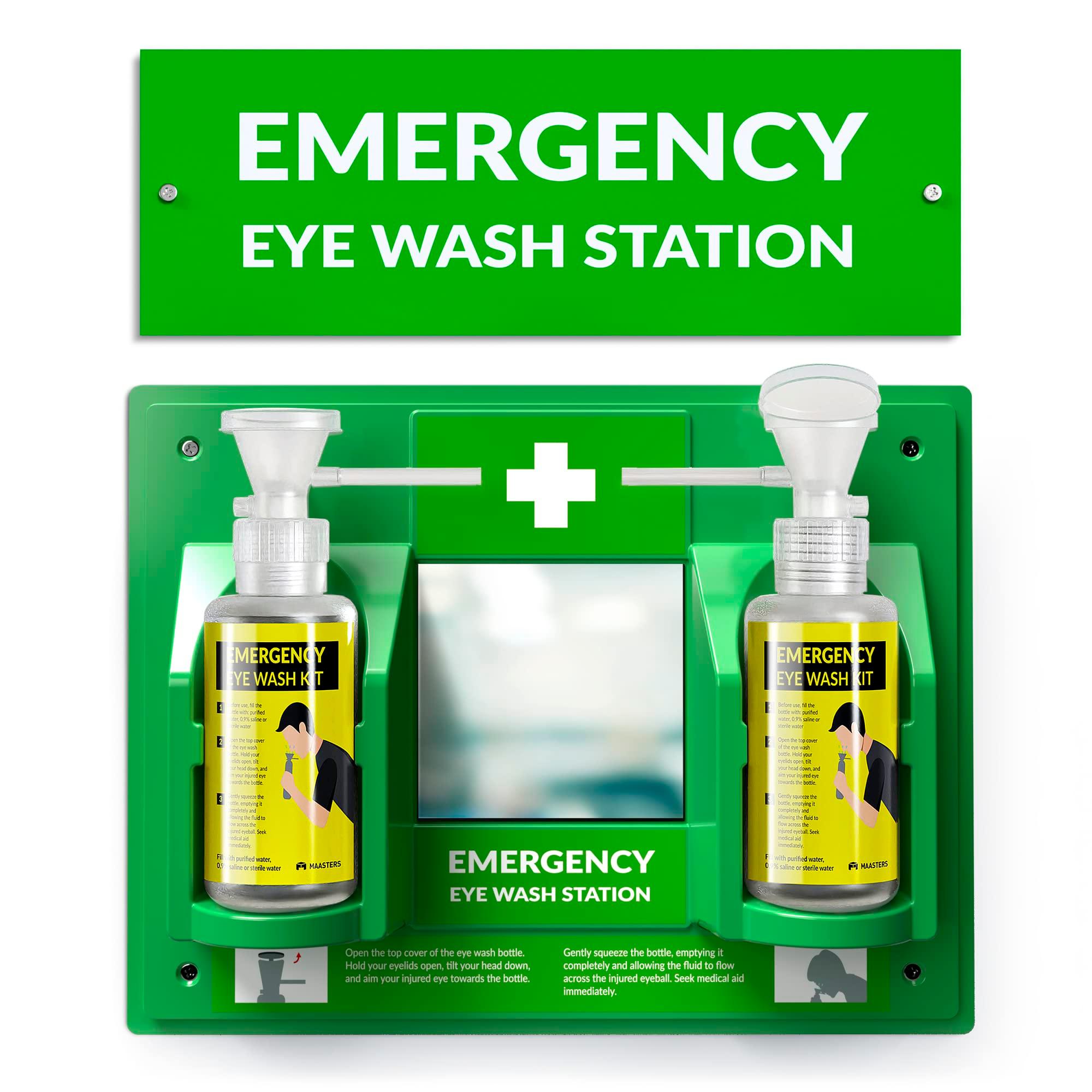 MAASTERS BPA Free Portable Eye Wash Station OSHA Approved - Wall-Mounted First Aid Eye Wash Kit w/Mirror & 2X 16oz Empty Bottles - No Eye Wash Solution Included - Emergency Eyewash - Set of 1
