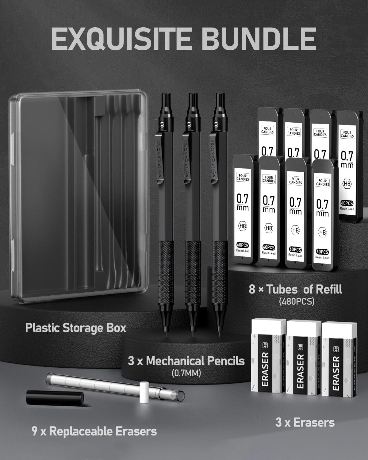 Four Candies Mechanical Graphite Pencil Set, 3pcs Black Metal Pencils with Anti-Skid Grip, Ideal for Artists, Professionals, Teachers and Students - Image 4