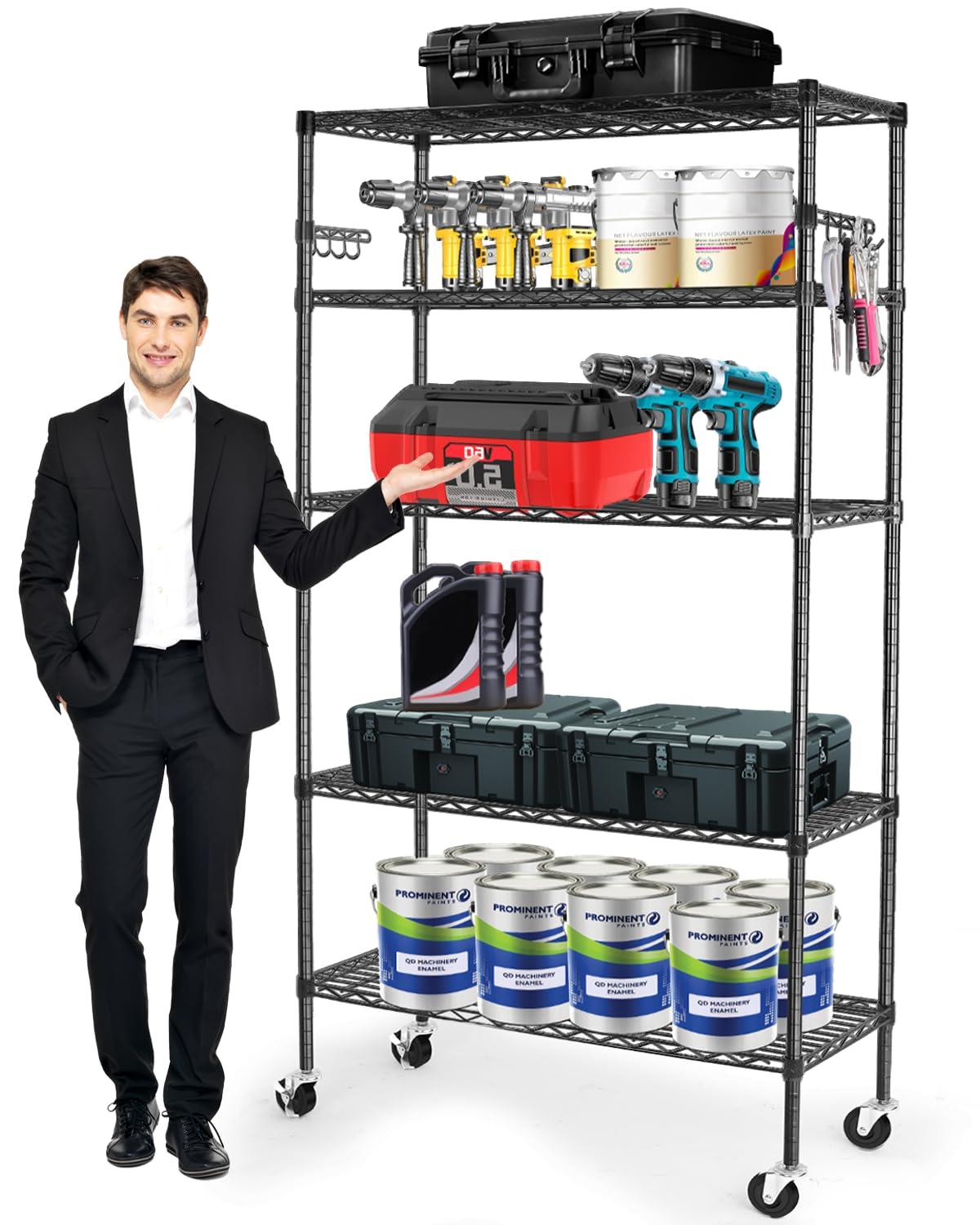 YNN Storage Shelves,1750Lbs 5 Tier Heavy Duty Metal Rolling Shelving Unit with Wheels & 8 Hooks, Adjustable Garage Wire Rack for Kitchen, Bathroom,Industrial,Pantry(36" W x 14" D x 72" H,Black)