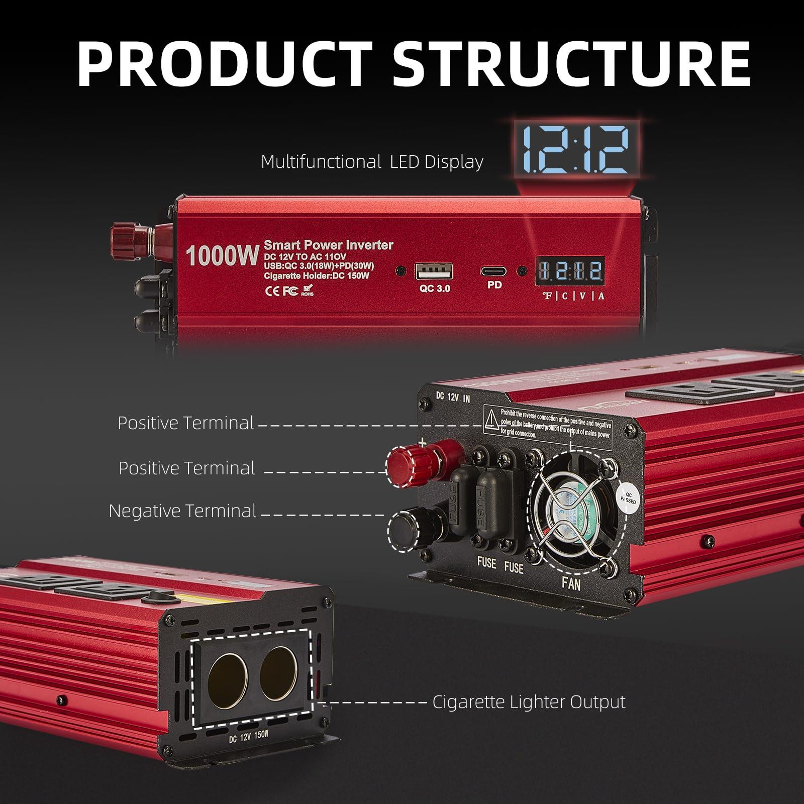 TWING Car 1000w Inverter,12v DC to 110v Power Inverters for Vehicles 1000 watt with Dual AC Outlets 3.0A USB and Type-C,12 Volt Inverter Car Cigarette Lighter Battery - Image 8