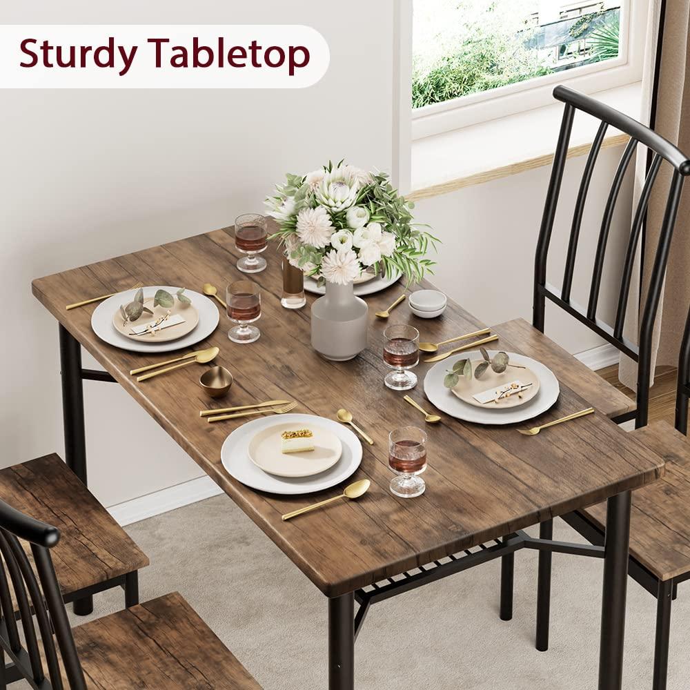 CABIHOME Dining Table Set for 4, Rectangle Kitchen Table Set with Wine Rack, Sturdy Chairs, Rustic Brown - Image 4