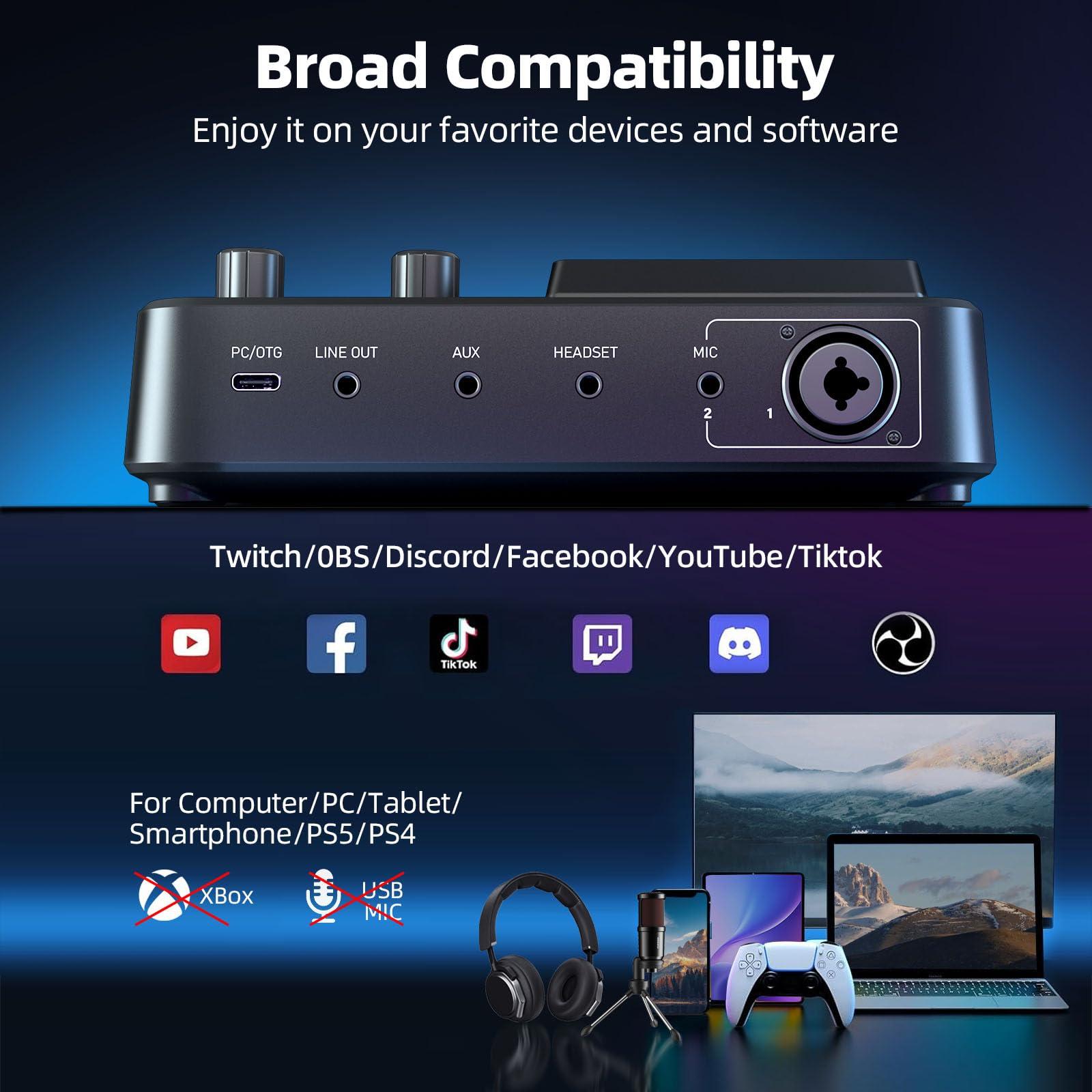 PUPGSIS Gaming Audio Mixer, Audio Interface for PC/Podcast/Streaming, Sound Board with 3.5mm/XLR Mic Input, 48V Phantom Power, Voice Changer, Live Sound Card with DJ Mixer Effects/Bluetooth/4 Channel - Image 7