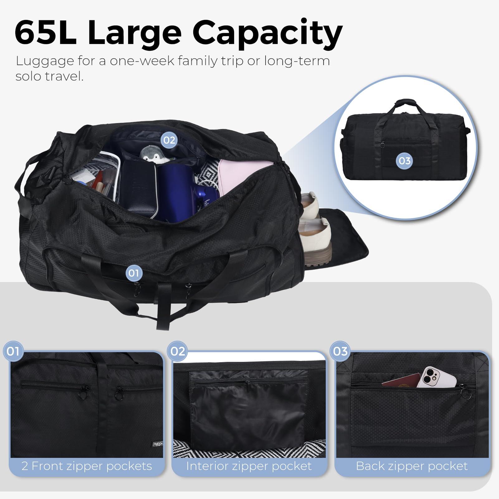 Fmeida 65L Duffle Bag with Shoes Compartment, Foldable Travel Duffel Bags for Men Women, Large Packable Travel Bag Water Repellent & Tear Resistant (Black) - Image 5
