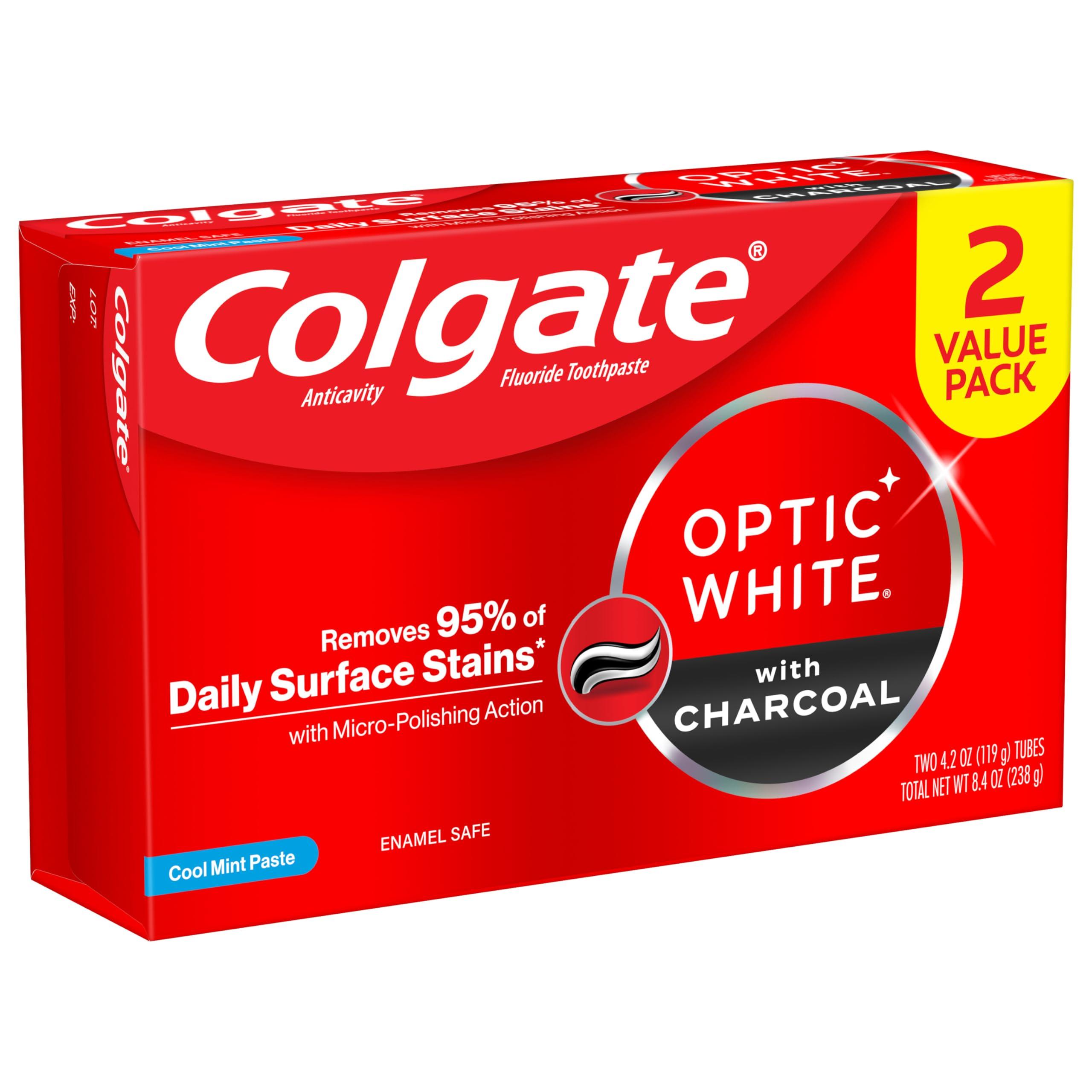 Colgate Optic White Charcoal Whitening Toothpaste, Cool Mint, Enamel-Safe with Fluoride, 2 Pack 4.2oz Tubes - Image 8