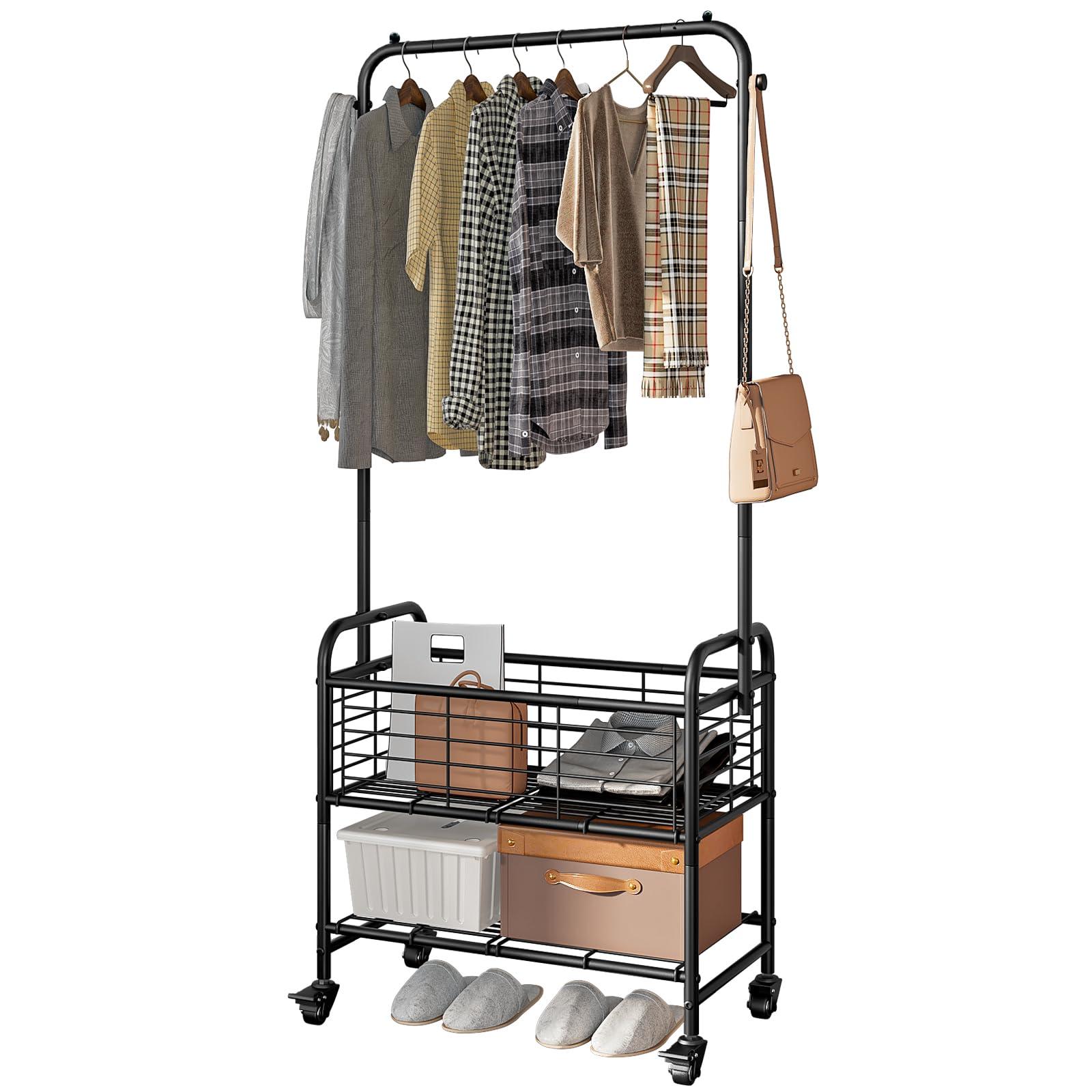 SUOERNUO Laundry Basket with Wheels Rolling Laundry Hamper Sorter Cart Shelf Hanging Rack,Black
