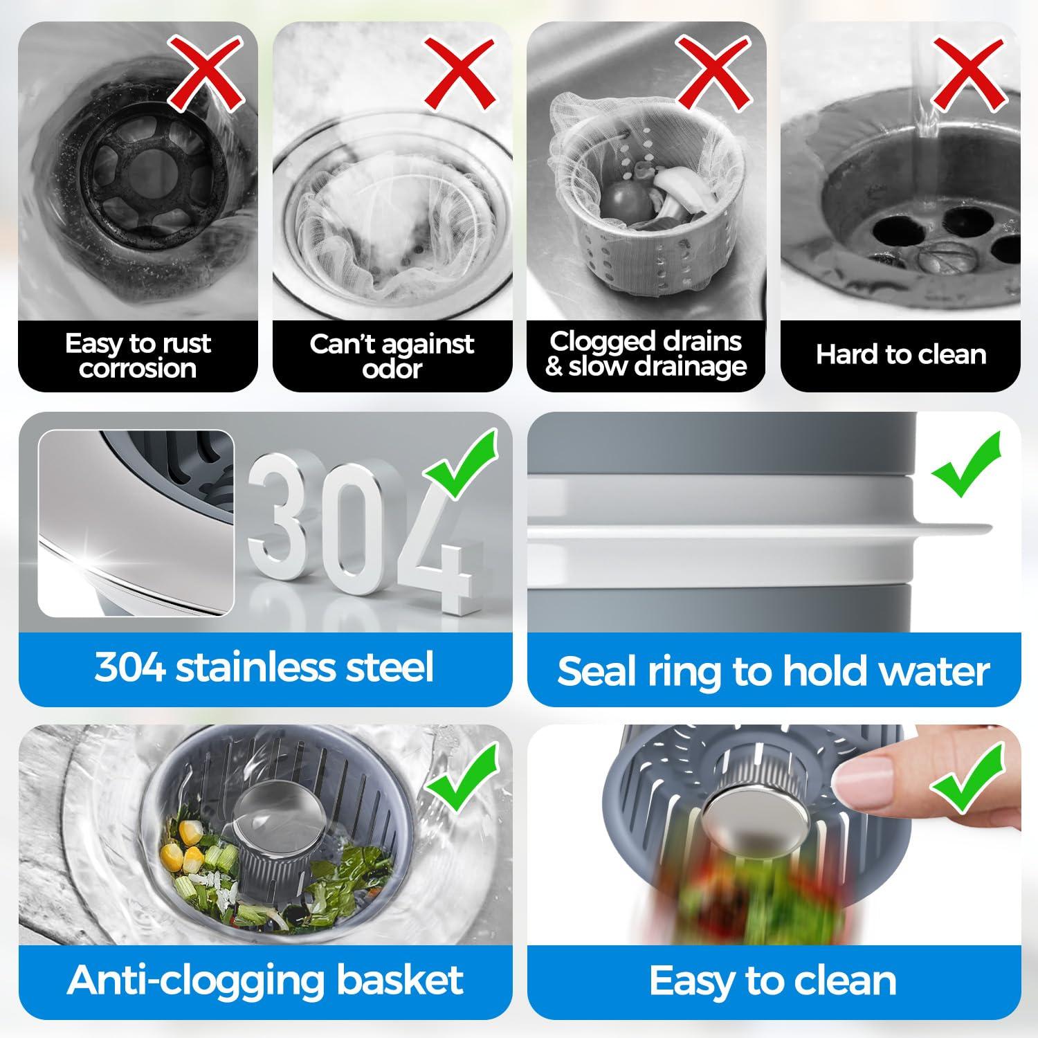 Upgraded 3in1 Kitchen Sink Drain Strainer & Sink Stopper, Stainless Steel Kitchen Drain Plug & Sink Installation Parts with Anti-Clogging Basket, Fit US Standard 3-1/2'' Sink Drain Hole, Silver - Image 7