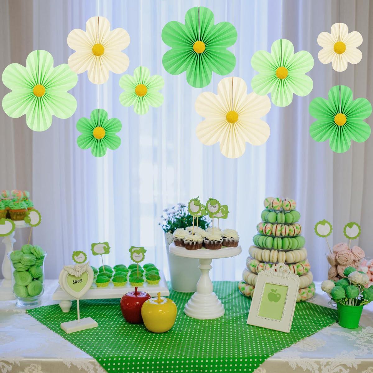 Yuxiou Green Party Decorations Paper Flowers Decorations for Wall Classroom Paper Fans Floral Backdrop Flower Wall Decor Pack of 9 Green - Image 2