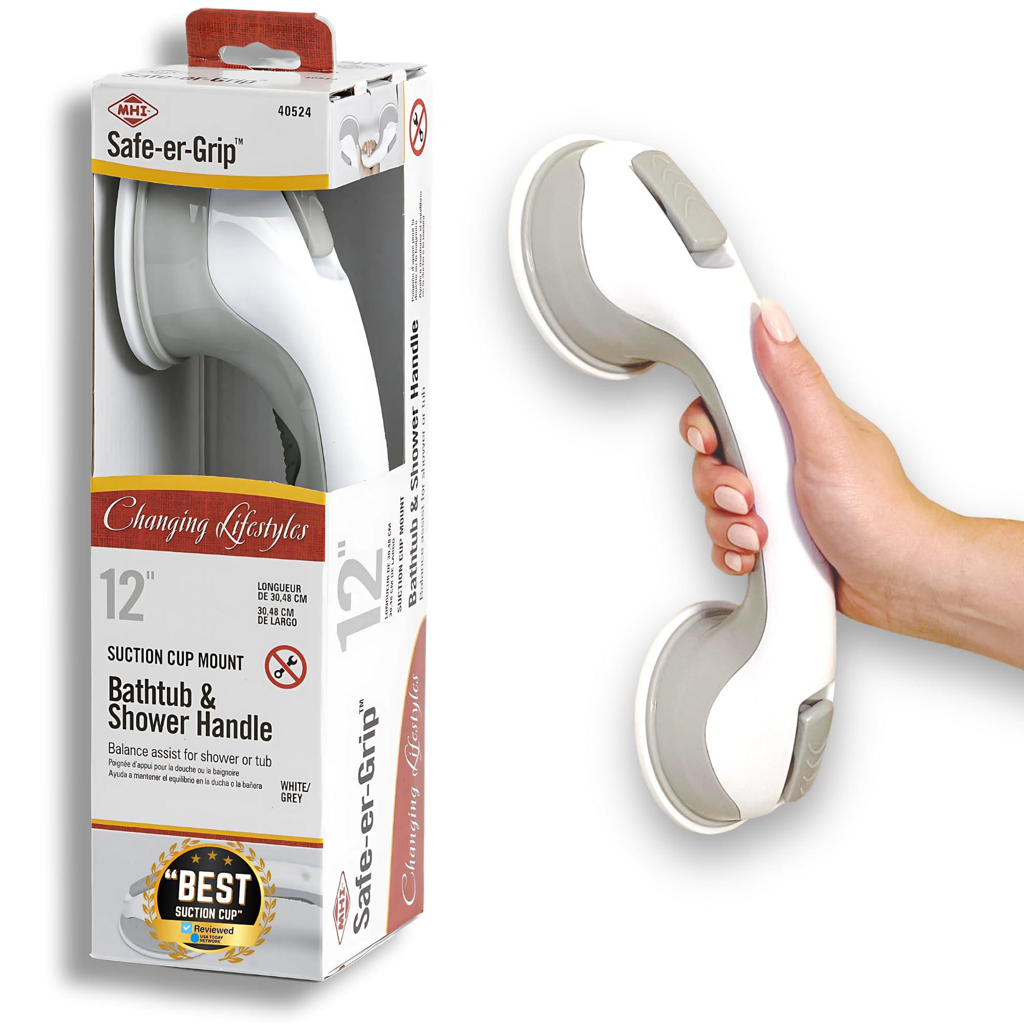 Safe-er-Grip Safe-er-Grip Changing Lifestyles Suction Cup Grab Bars for Bathtubs & Showers; Safety Bathroom Assist Handle, White & Grey, 12 inches