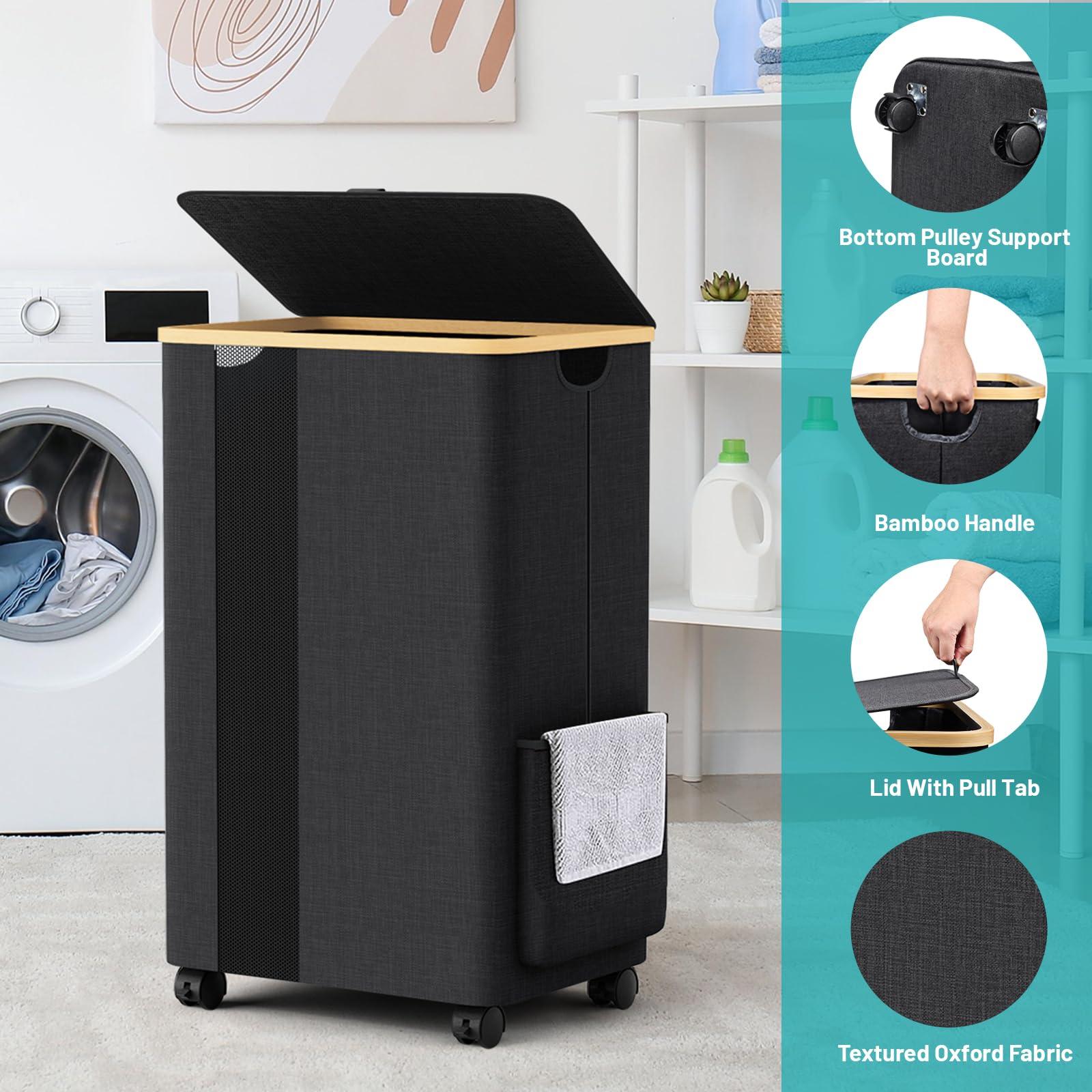 BlissTotes 75L Laundry Basket Slim Laundry Hamper with Wheels Lid, Collapsible Laundry Hampers, Laundry Bin, Clothes Hamper Basket with Internal Support & Handles for Bathroom, Bedroom (Gray) - Image 3