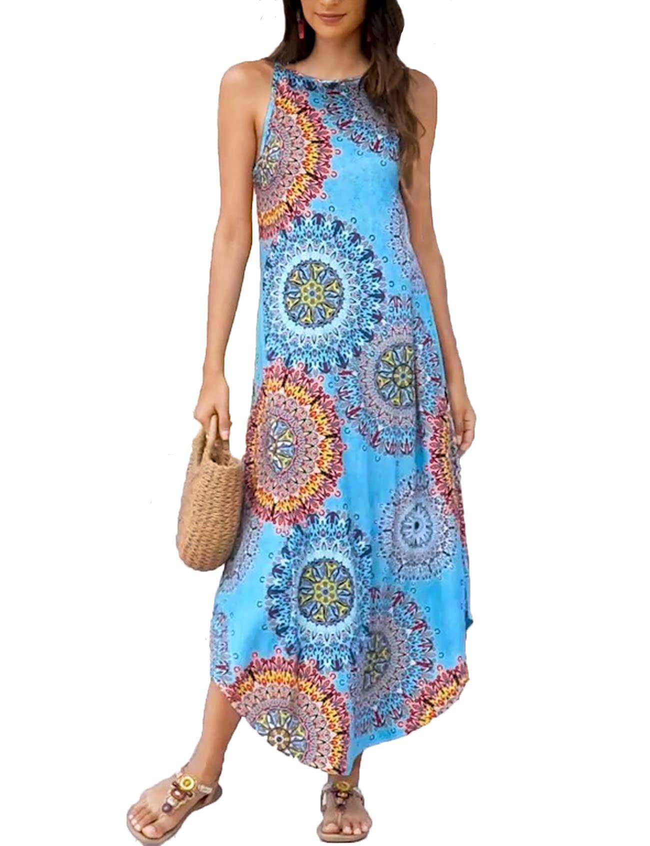 Halife Women's Summer Casual Sleeveless Beach Dress Long Halter Side Slit Maxi Sun Dresses