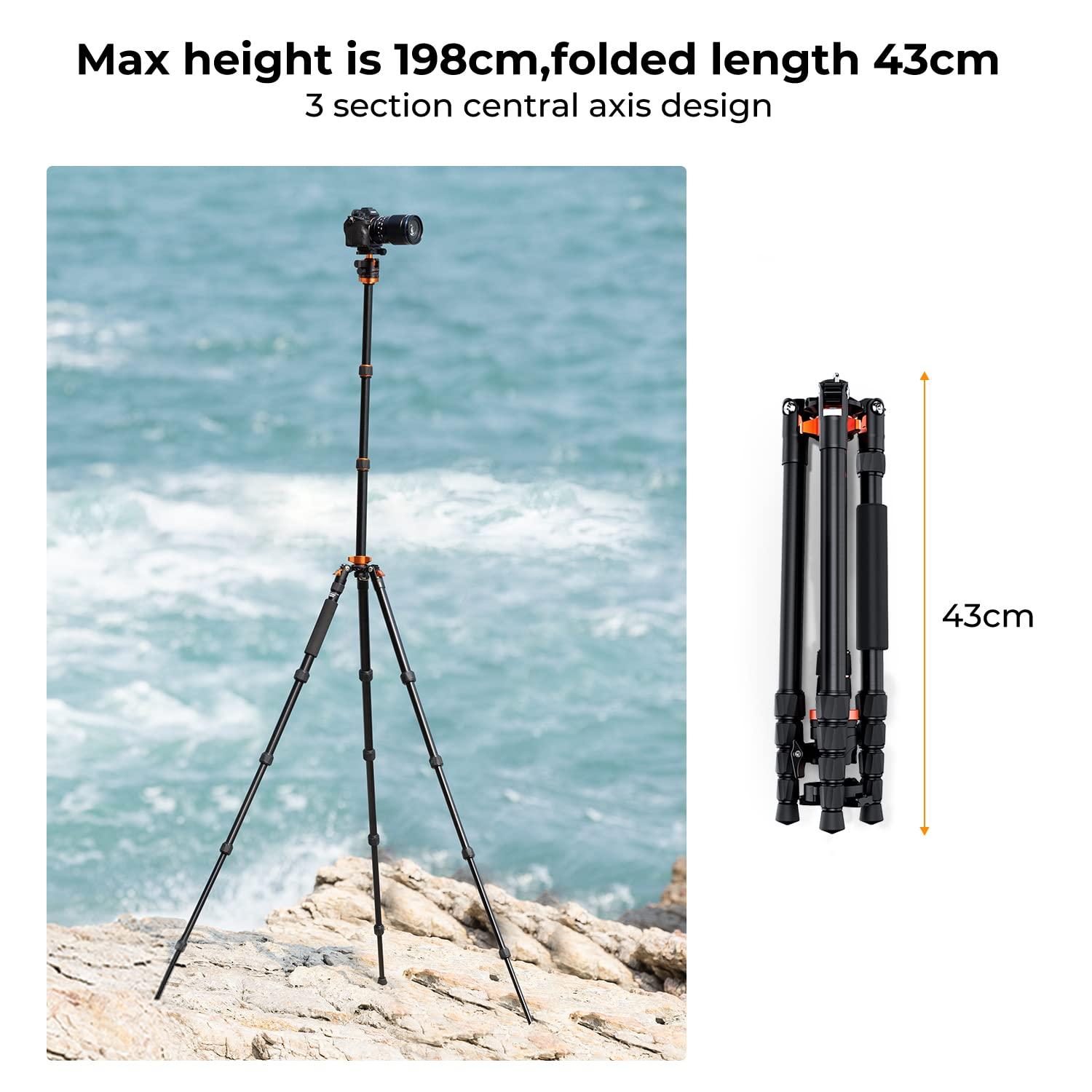 K&F Concept 78 inch/198cm Camera Tripod,3 Sections Central Axis Travel Tripod with 32mm Metal Ball Head Load Capacity 26.4 lbs/12KG for DSLR Cameras Indoor Outdoor Use - Image 3