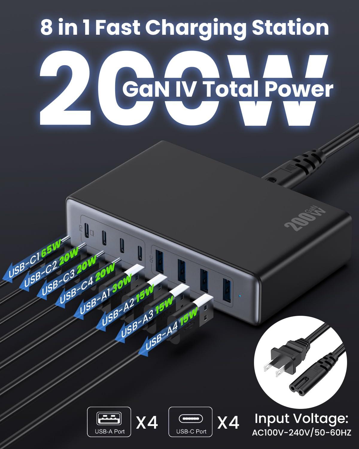 200W USB C Charger Block,GaN IV Charging Station 8 Ports,QC4.0 Fast Charging Station Hub+PD 65W USB C Laptop Charger Adapter Compatible with MacBook Air/Pro,DELL,iPhone 16/15,iPad,Steam Deck-Black - Image 2