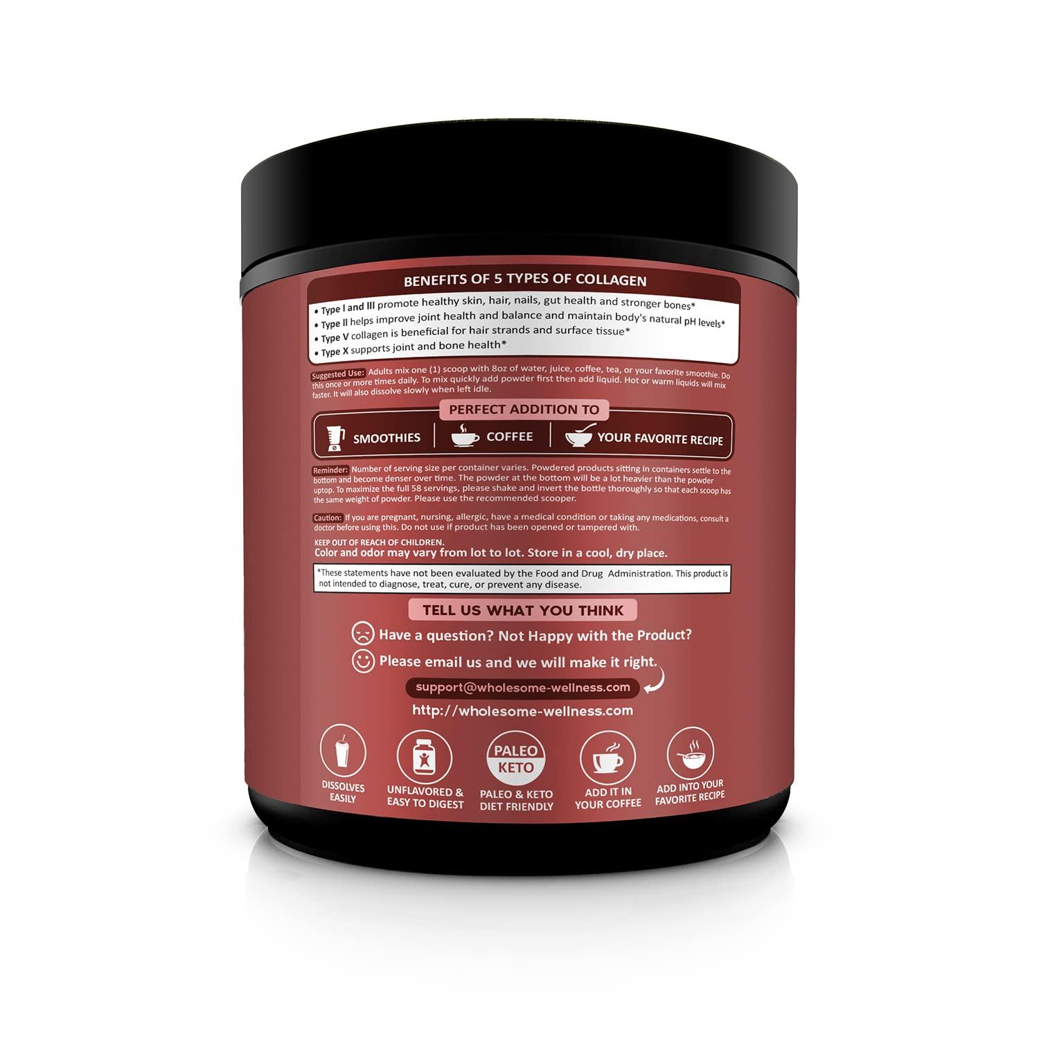 Wholesome Wellness Multi Collagen Protein Powder Hydrolyzed (Type I II III V X) Grass-Fed All-in-One Super Bone Broth + Peptides - Premium Blend of Beef, Chicken, Wild Fish, Eggshell, 58 Servings - Image 3