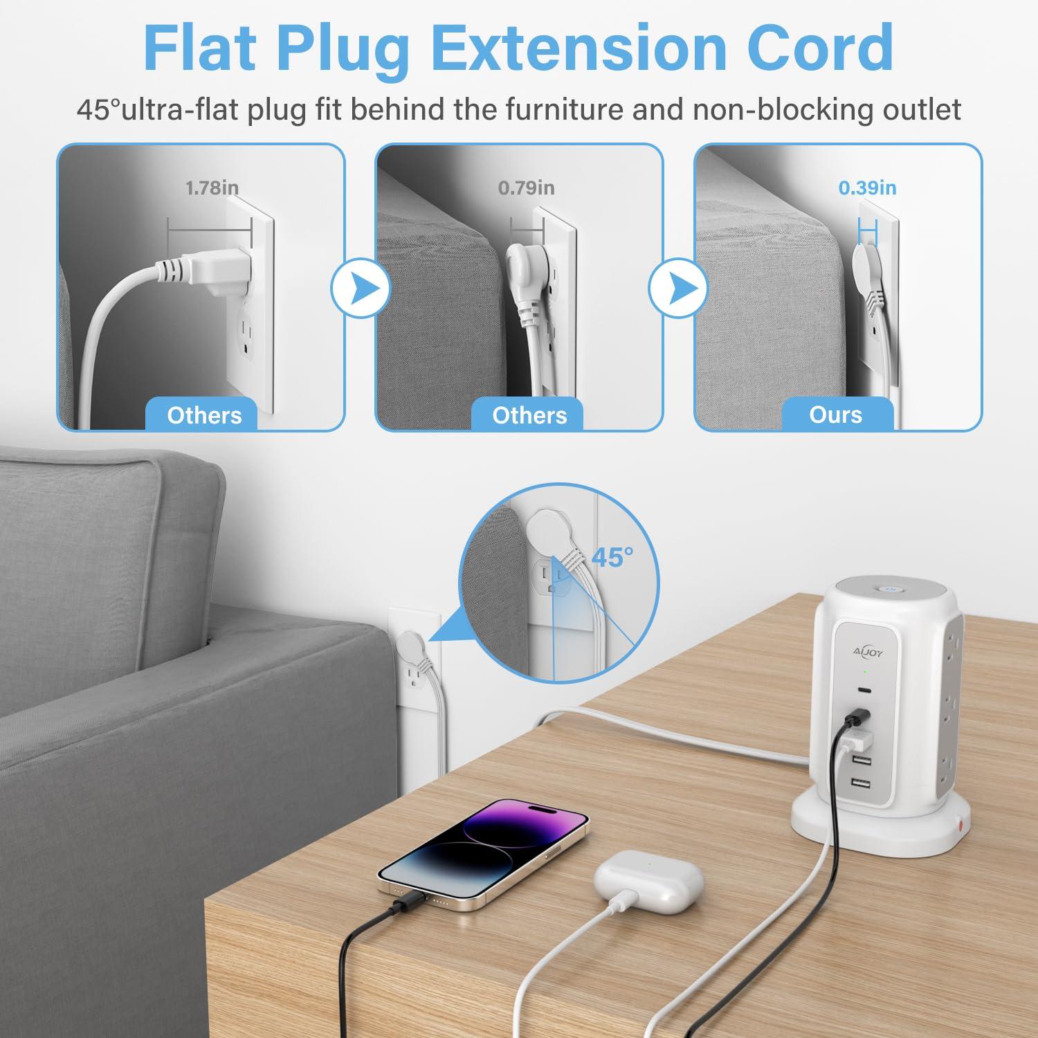 Flat Plug Power Strip Tower with 9 Outlets and 5 USB Ports (2 USB C), AiJoy 1200J Surge Protector Tower with 6.5 Feet 1625W/13A Extension Cord with Multiple Outlets for Home Office Dorm - Image 4
