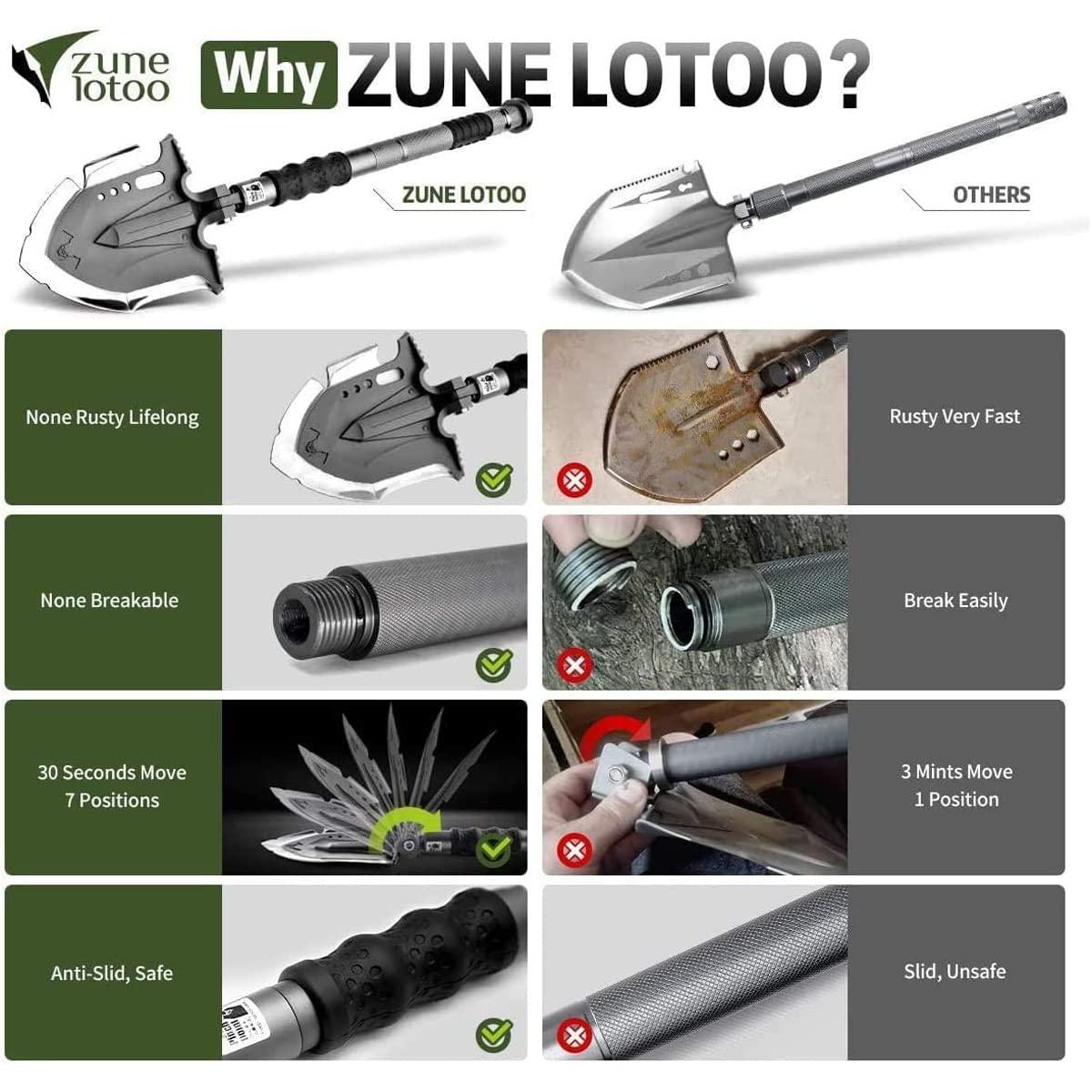 Zune Lotoo Survival Shovel Multitool 28 in 1 Luxury Kit, Tactical Camping Folding Shovel, Unbreakable Martensitic Steel Adjustable 7 Angles 24-35.4'' Length, Compact Gear for Outdoor Hiking Emergency - Image 9