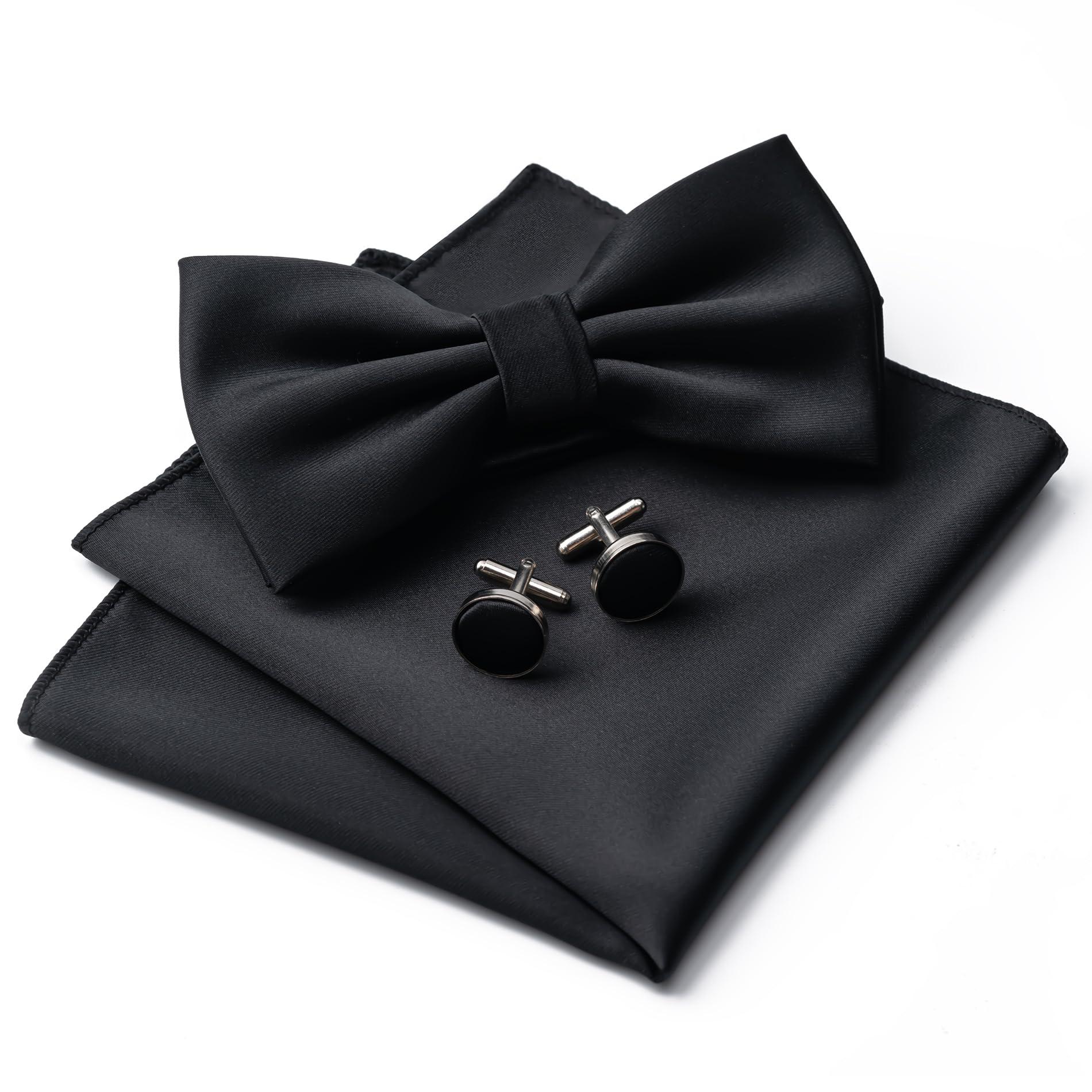 Aegero Mens Solid Color Double Fold Pre-tied Bow Tie and Pocket Square Cufflinks Set Formal Tuxedo Bowties for Wedding Party