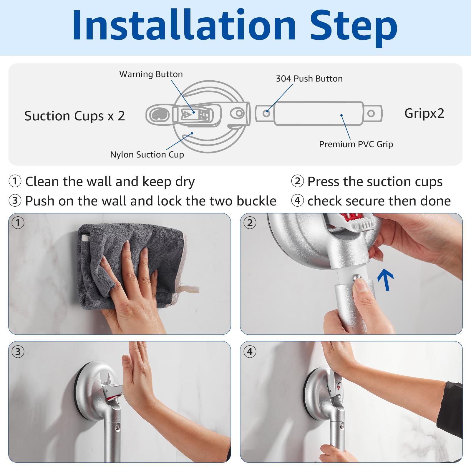 KSITEX Upgrade Shower Handle, Grab Bar for Bathtubs and Showers for Elderly Wall Mount, Heavy Duty Strong Suction Cup with Patches Support 200LB 16inch Silver - Image 4