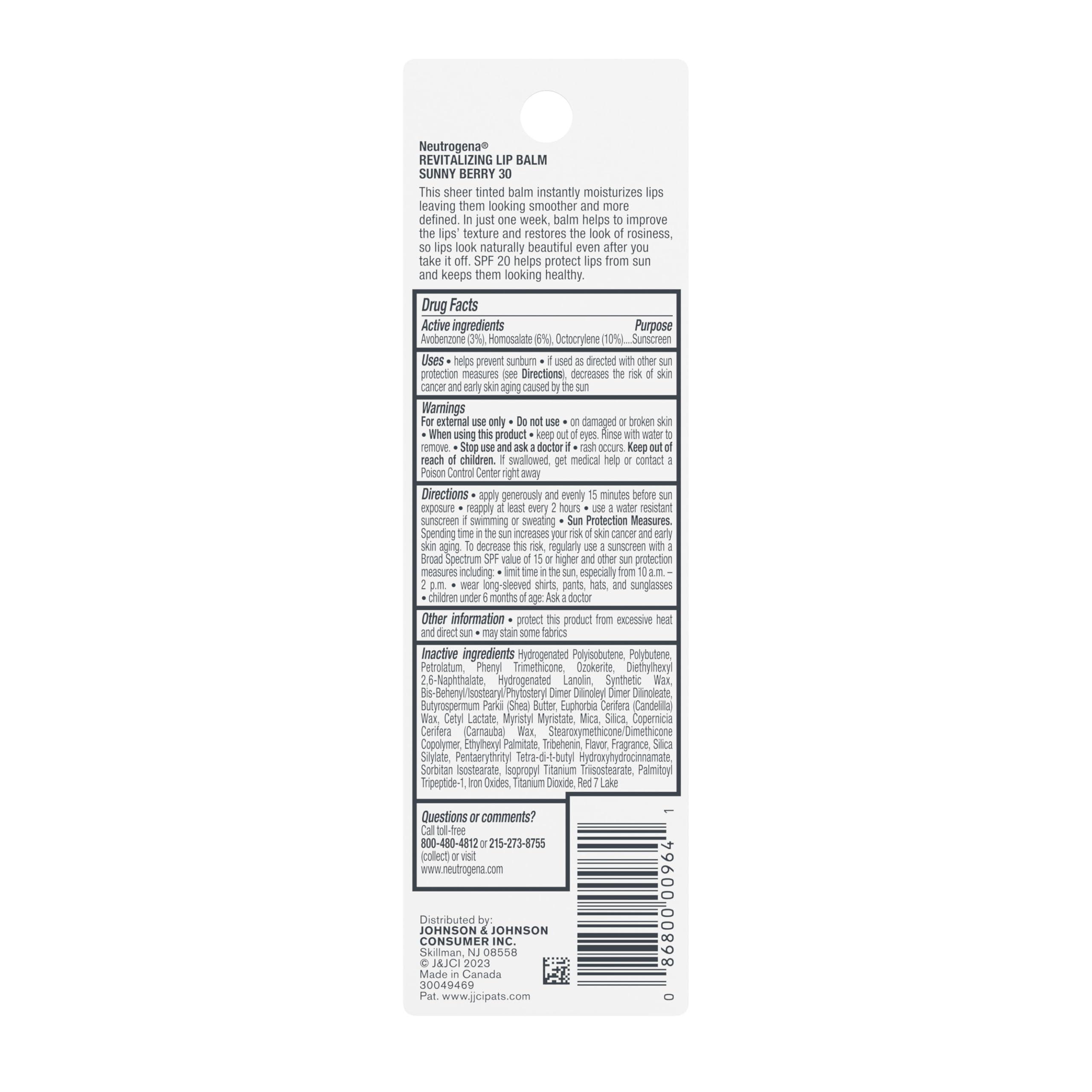 Neutrogena Revitalizing Tinted Lip Balm Broad Spectrum SPF 20 Sunscreen, Moisturizing Lip Balm with a Sheer Tint for Softer, Smoother, Healthier-Looking Lips, Sheer Sunny Berry 30, .15 oz - Image 9