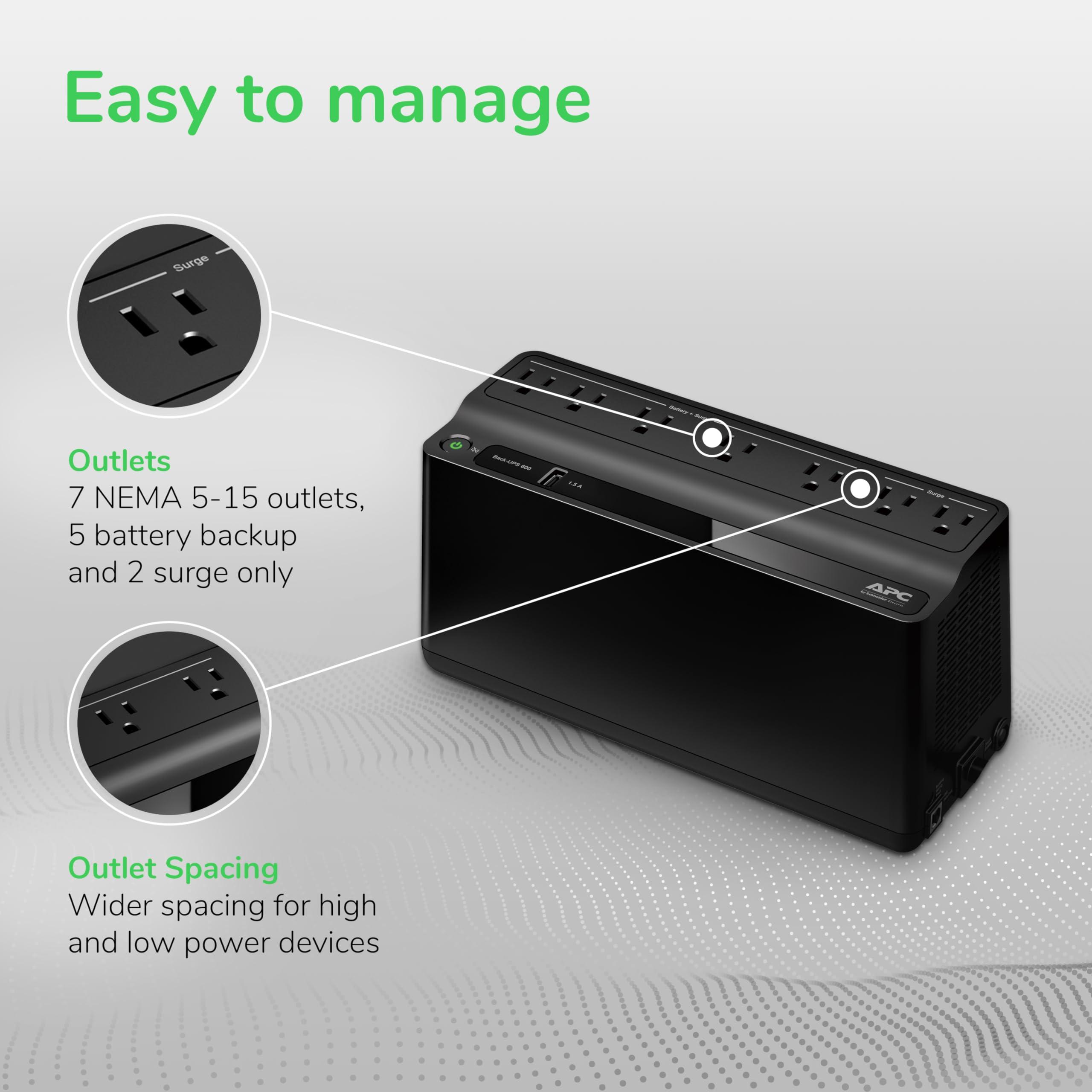 APC UPS Battery Backup and Surge Protector, 600VA/330 Watts Backup Battery Power Supply, BE600M1 Back-UPS with USB Charger Port - Image 4