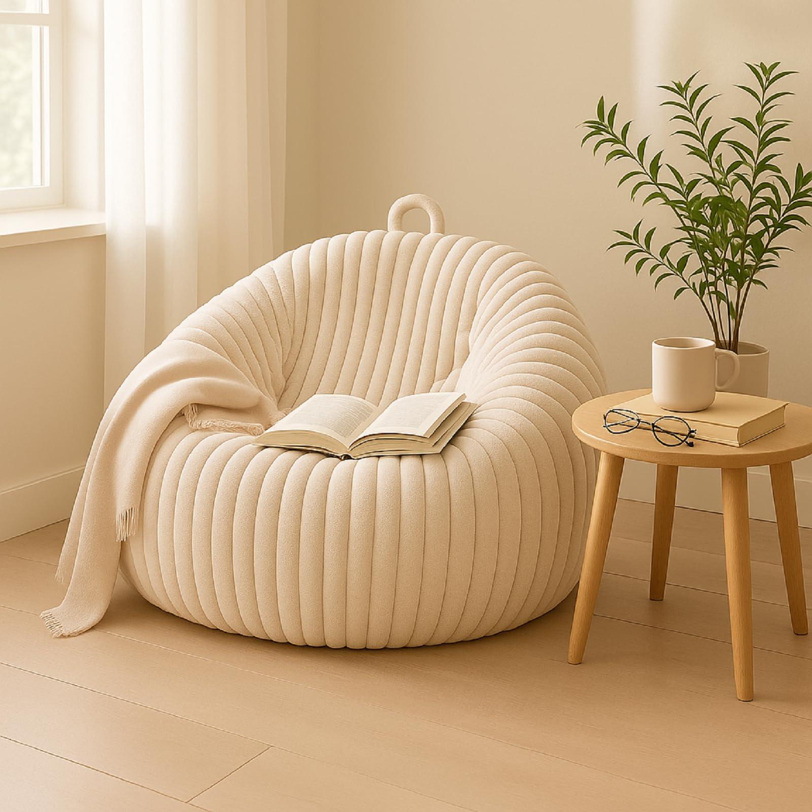 Honeydak Ribbed Rabbit Fur Stuffed Animal Storage Bean Bag Chair Cover (No Filler) Comfy Bean Bag Cover Without Filling or Home Bedroom Decor Organizing Plush Doll Textile Holder(White,L)